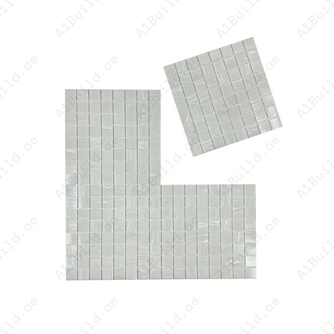 Enhance your pool with White Iridescent Hot Melt Glass Mosaic tiles – UV-resistant, eco-friendly, perfect for pools, spas, and water features in Dubai.