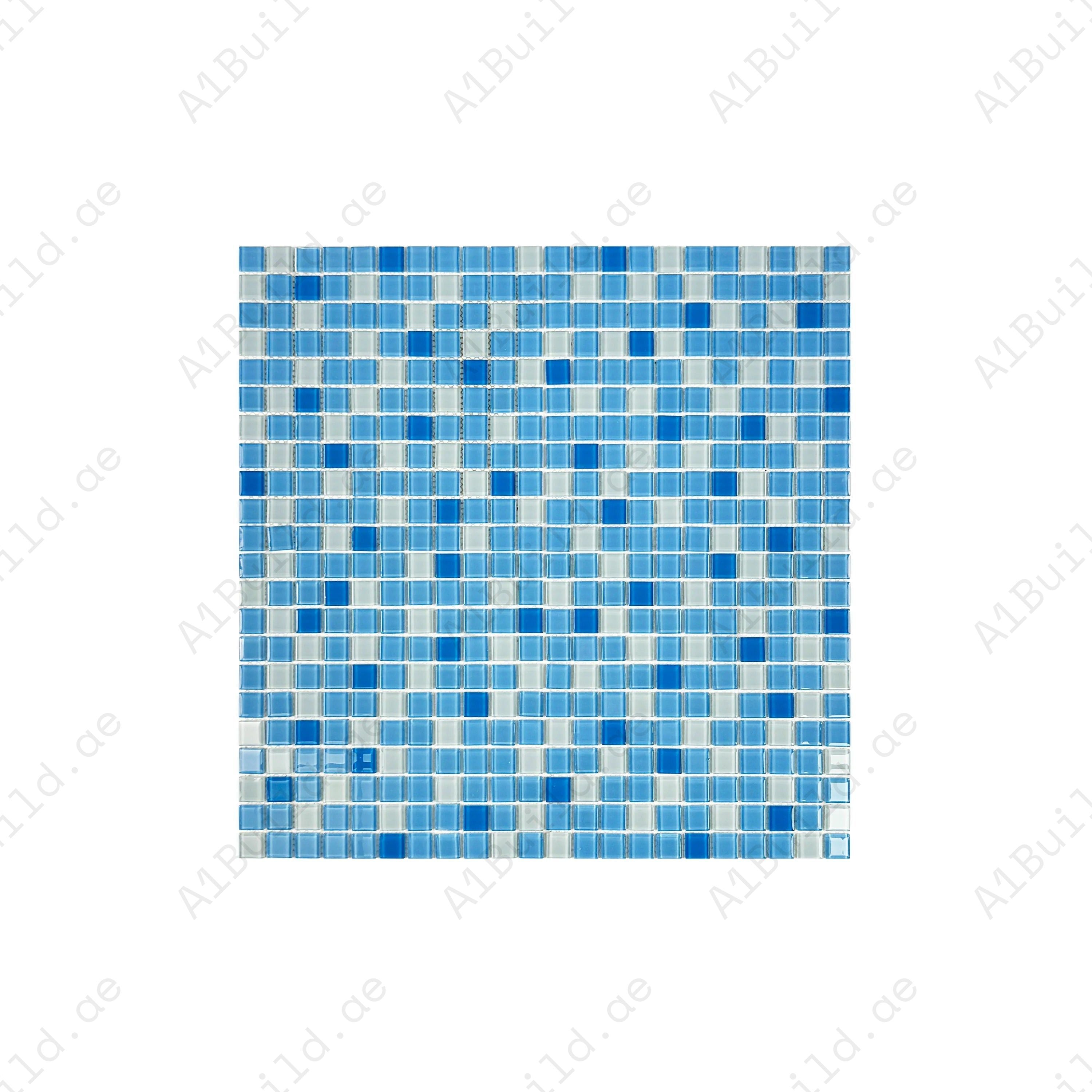 Enhance your pool with White, Sky Blue & French Blue Crystal Glass Mosaic Tiles. Durable, waterproof, eco-friendly, and perfect for luxury pools in Dubai.