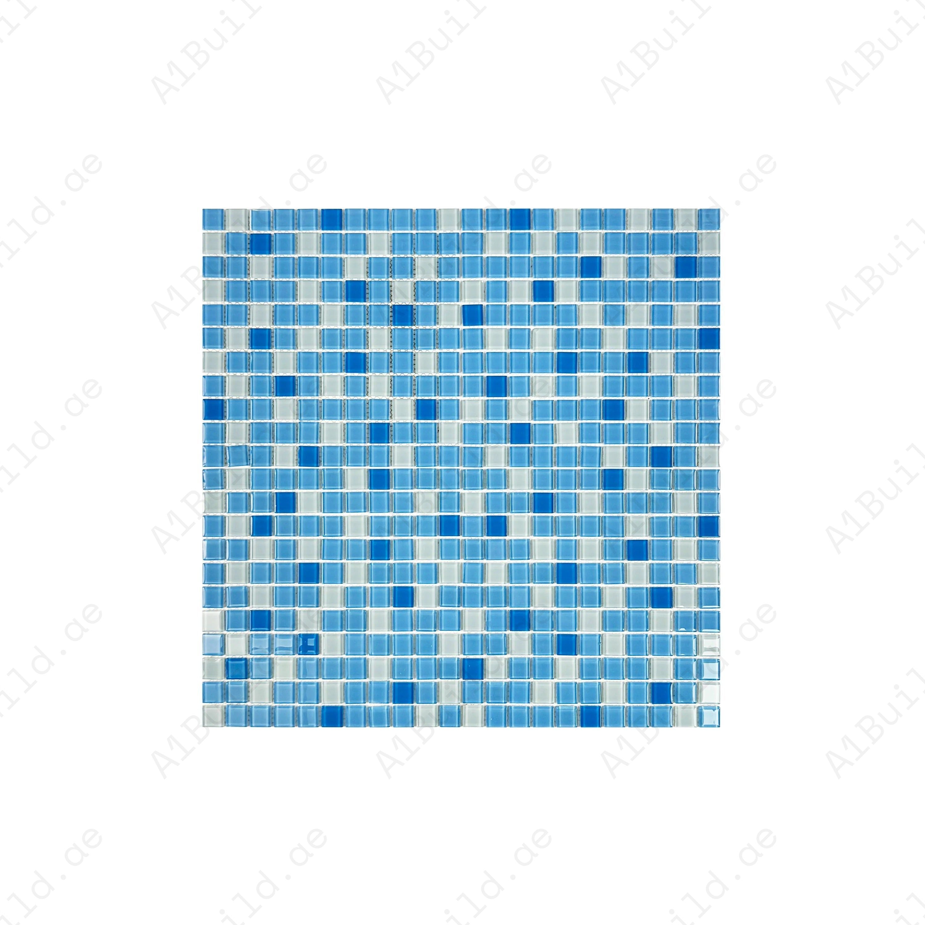 Enhance your pool with White, Sky Blue & French Blue Crystal Glass Mosaic Tiles. Durable, waterproof, eco-friendly, and perfect for luxury pools in Dubai.