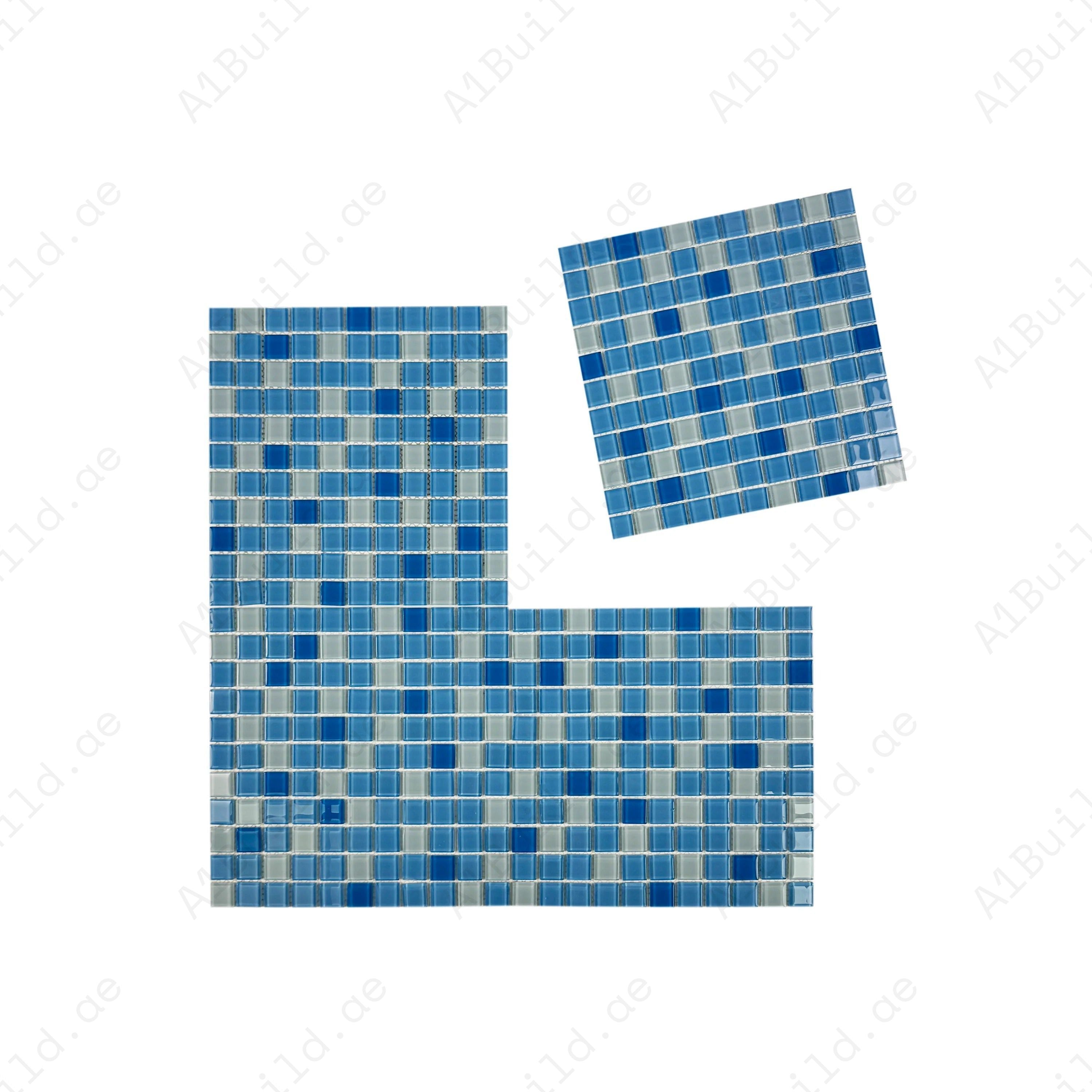Enhance your pool with White, Sky Blue & French Blue Crystal Glass Mosaic Tiles. Durable, waterproof, eco-friendly, and perfect for luxury pools in Dubai.
