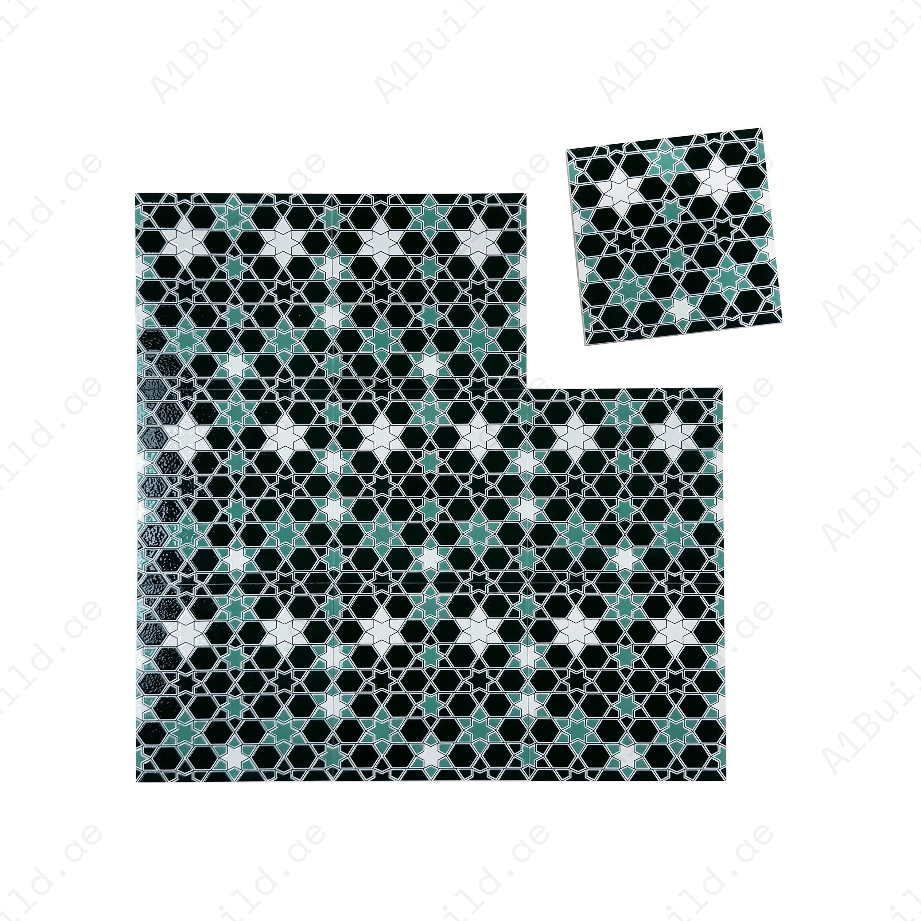 Enhance your space with Royal Souk Moroccan Glossy Ceramic Tile Pattern 206. Each 200x200mm tile, 26pcs/box covering 1.04 sqm, is ideal for walls and floors.