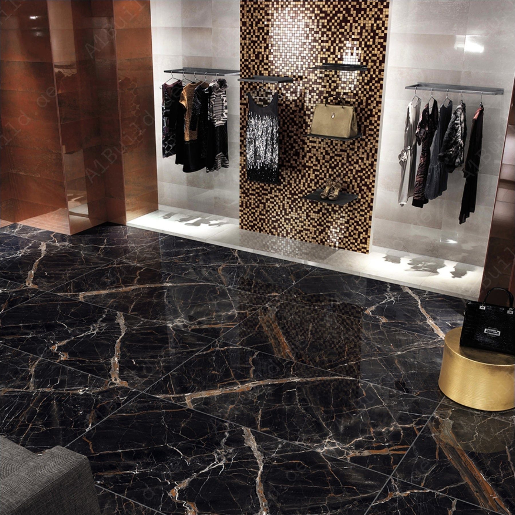 Estrada Nero (60X120cm 09mm Random High Gloss Porcelain Indoor Floor & Wall Tiles)