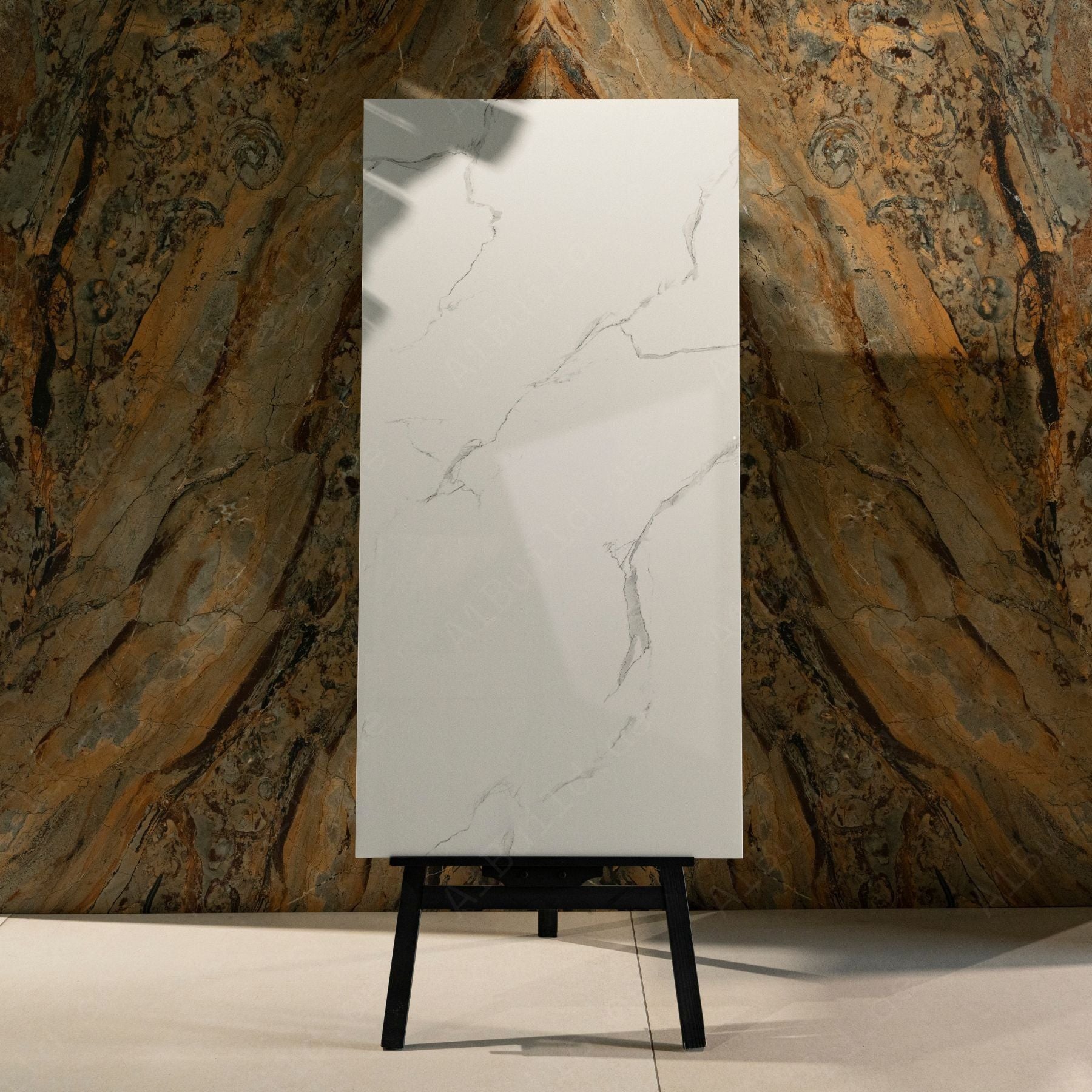 Eterna White glossy marble effect porcelain tile 60x120cm with 9mm thickness features bright white base, soft grey veins and polished finish.