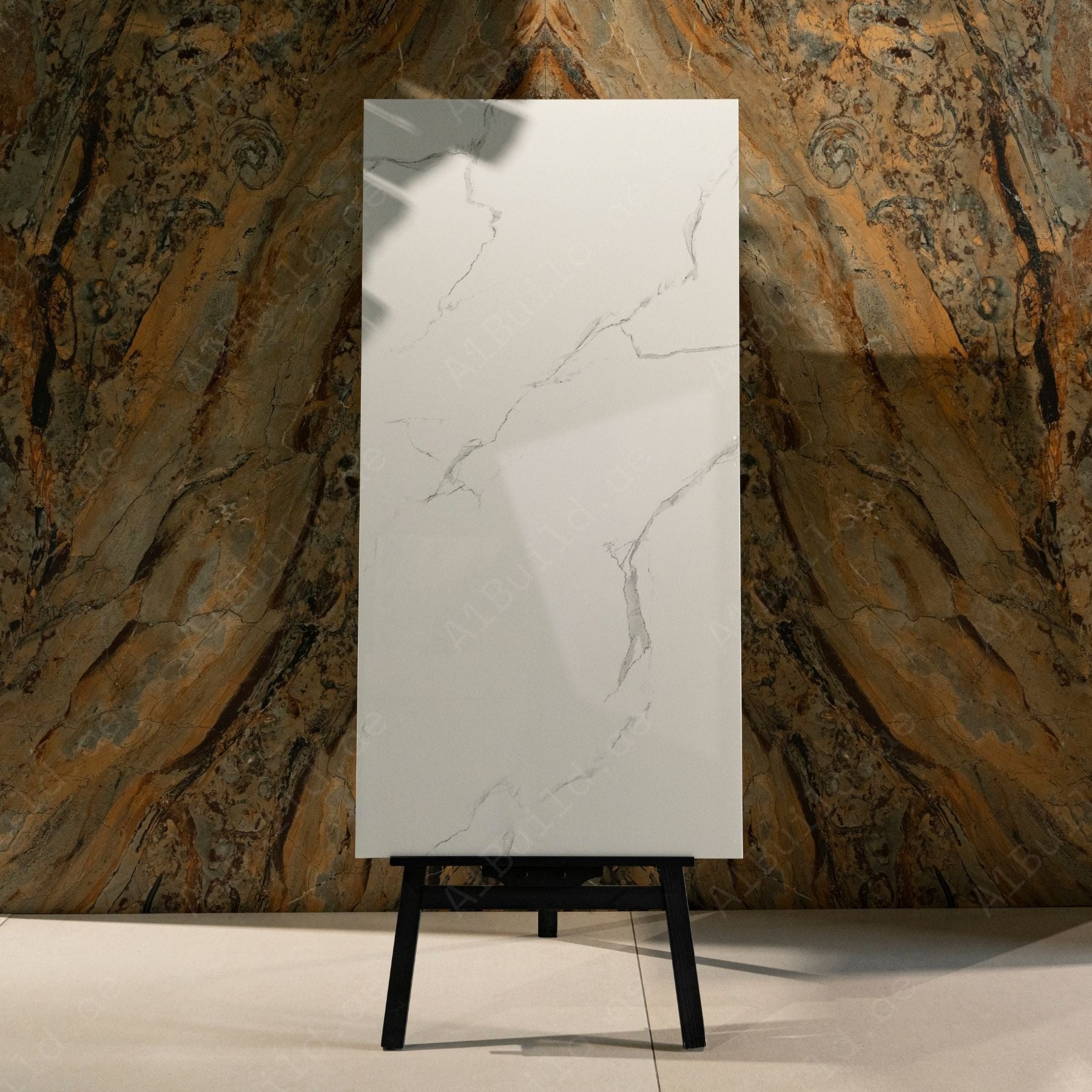 Eterna White glossy marble effect porcelain tile 60x120cm with 9mm thickness features bright white base, soft grey veins and polished finish.