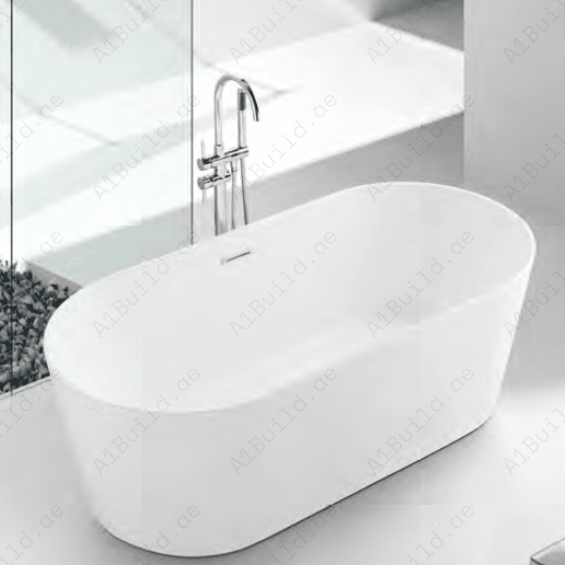 FREE STANDING ACRYLIC BATHTUB WITH ADJUSTABLE LEGS, SIZE: 1500X 750X580 MM, COLOR, WITH CHROME POP UP WASTE WITH SLOTTED OVERFLOW CHROME FINISH