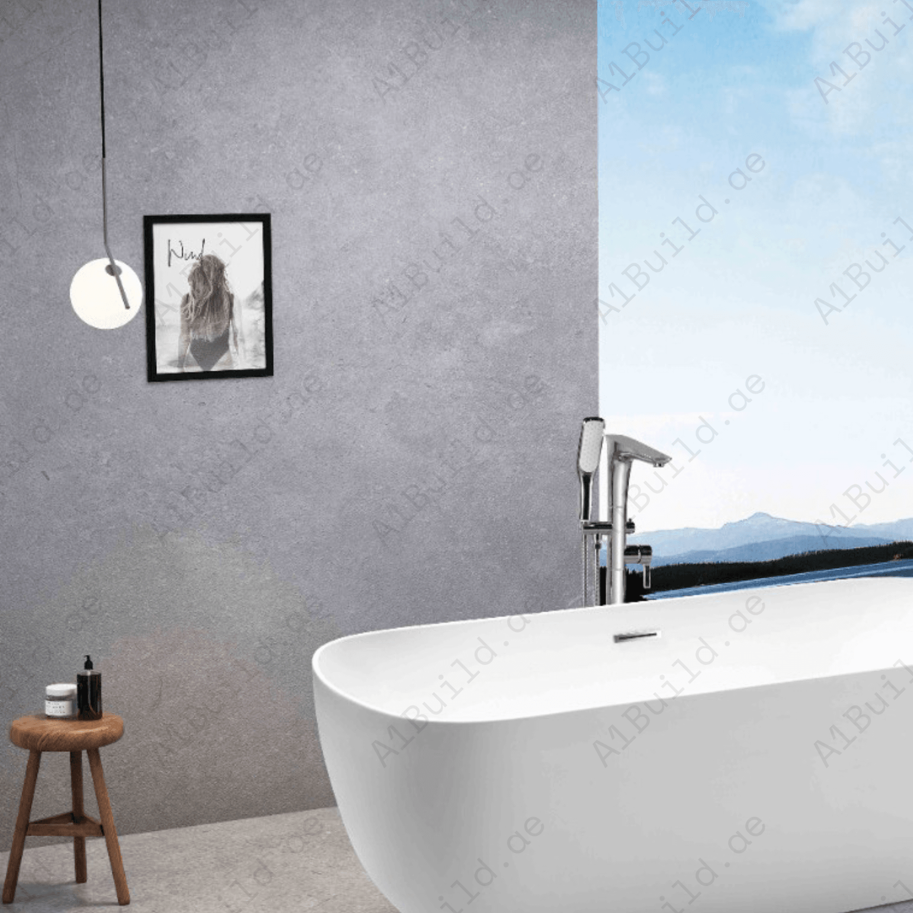 FREE STANDING ACRYLIC BATHTUB WITH ADJUSTABLE LEGS, SIZE: 1700X800X580MM, WHITE COLOR, WITH CHROME POP UP WASTE WITH SLOTTED OVERFLOW CHROME FINISH