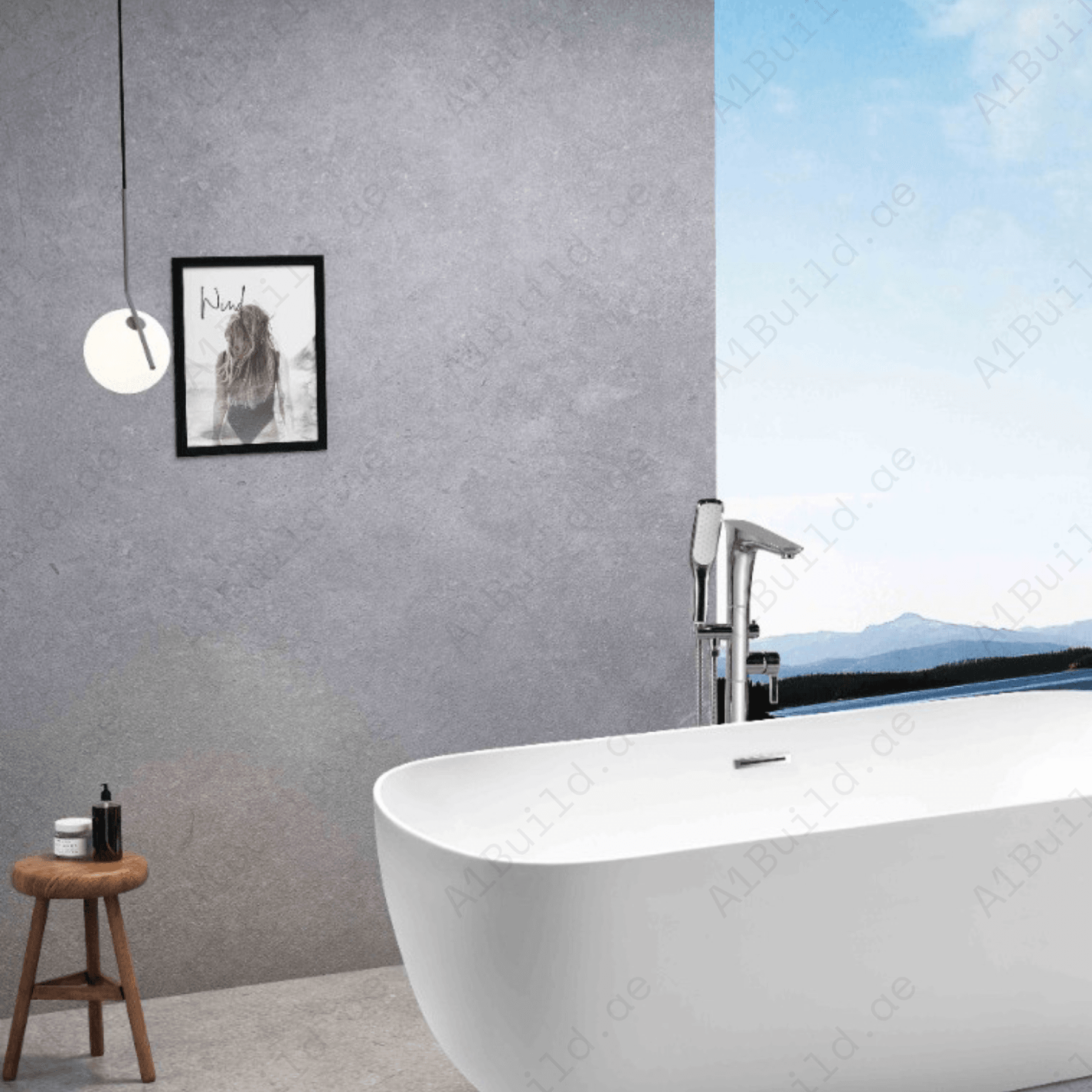 FREE STANDING ACRYLIC BATHTUB WITH ADJUSTABLE LEGS, SIZE: 1700X800X580MM, WHITE COLOR, WITH CHROME POP UP WASTE WITH SLOTTED OVERFLOW CHROME FINISH