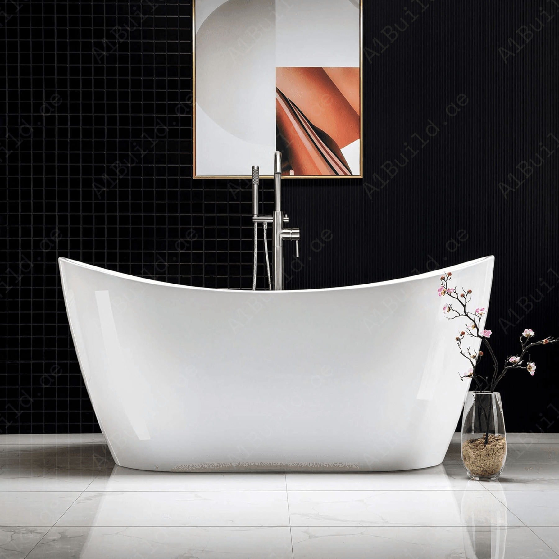 FREE STANDING ACRYLIC BATHTUB WITH ADJUSTABLE LEGS, SIZE 1700×800×750 MM, WHITE COLOR, WITH CHROME POP UP WASTE WITH SLOTTED