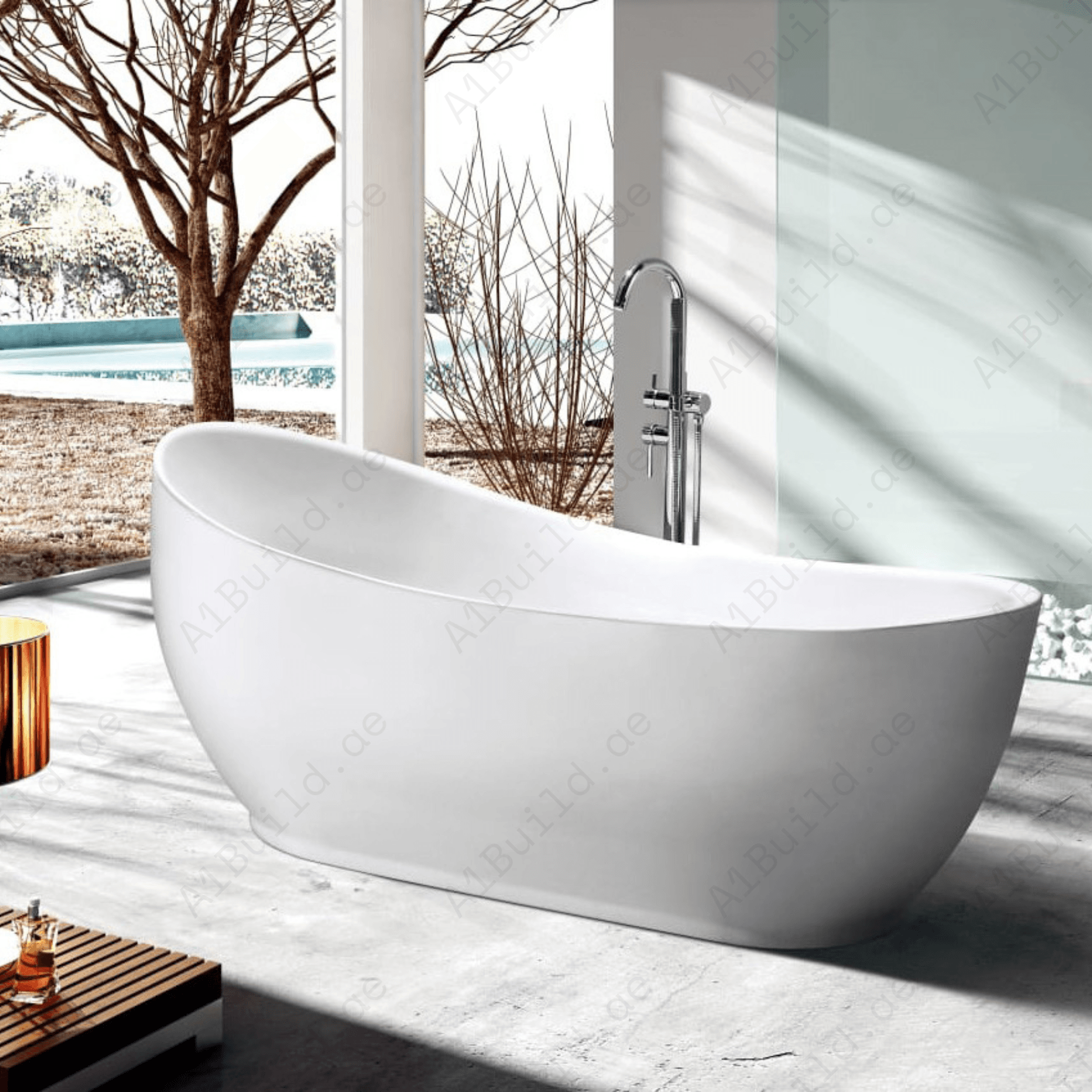 FREE STANDING ACRYLIC BATHTUB WITH ADJUSTABLE LEGS, SIZE:1795X890X790 MM, WHITE COLOR, WITH CHROME POP UP WASTE WITH SLOTTED OVERFLOW BLACK SLATE