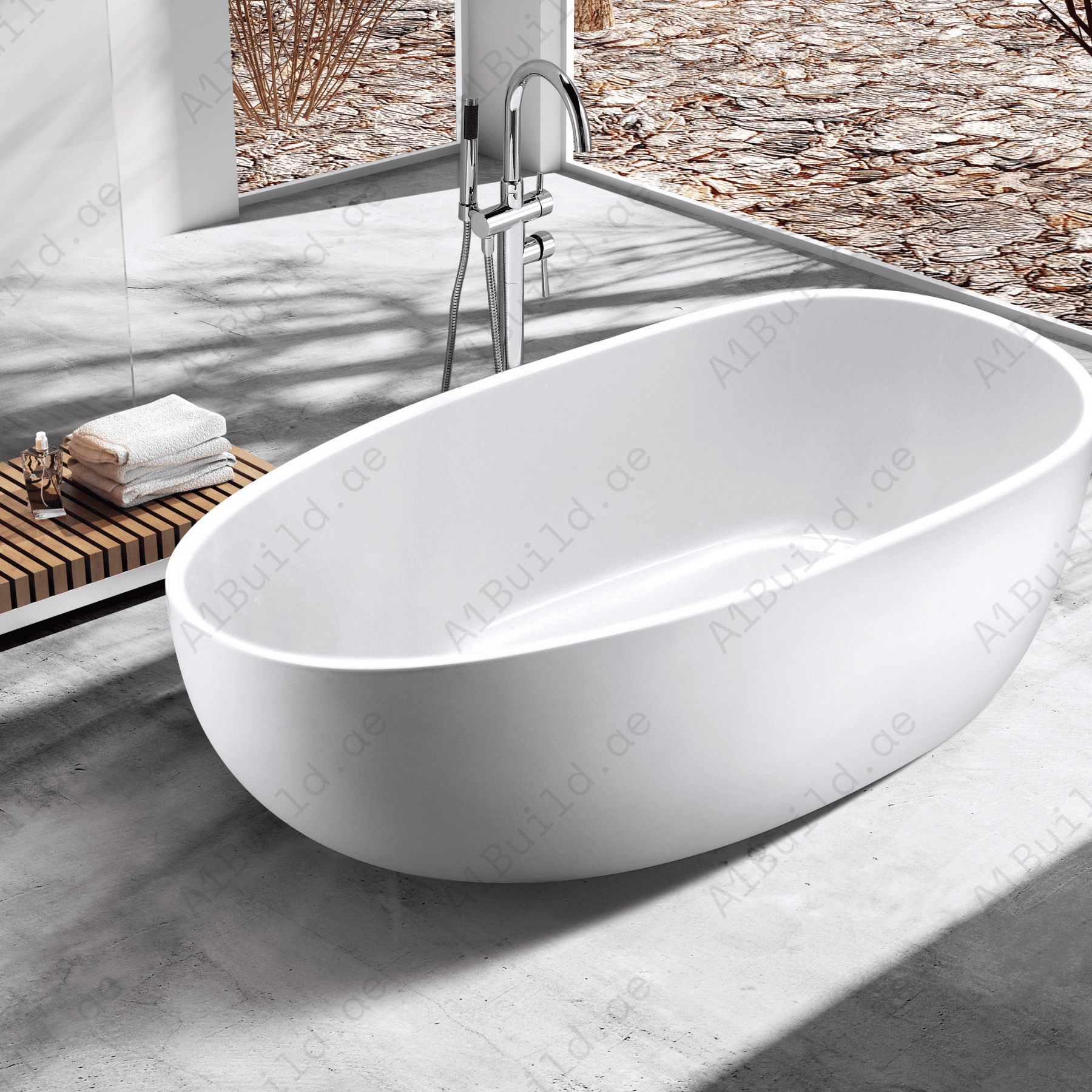 FREE STANDING ACRYLIC BATHTUB WITH ADJUSTABLE LEGS, SIZE: 1800X855X580MM, WHITE COLOR, WITH CHROME POP UP WASTE WITH SLOTTED OVERFLOW CHROME FINISH