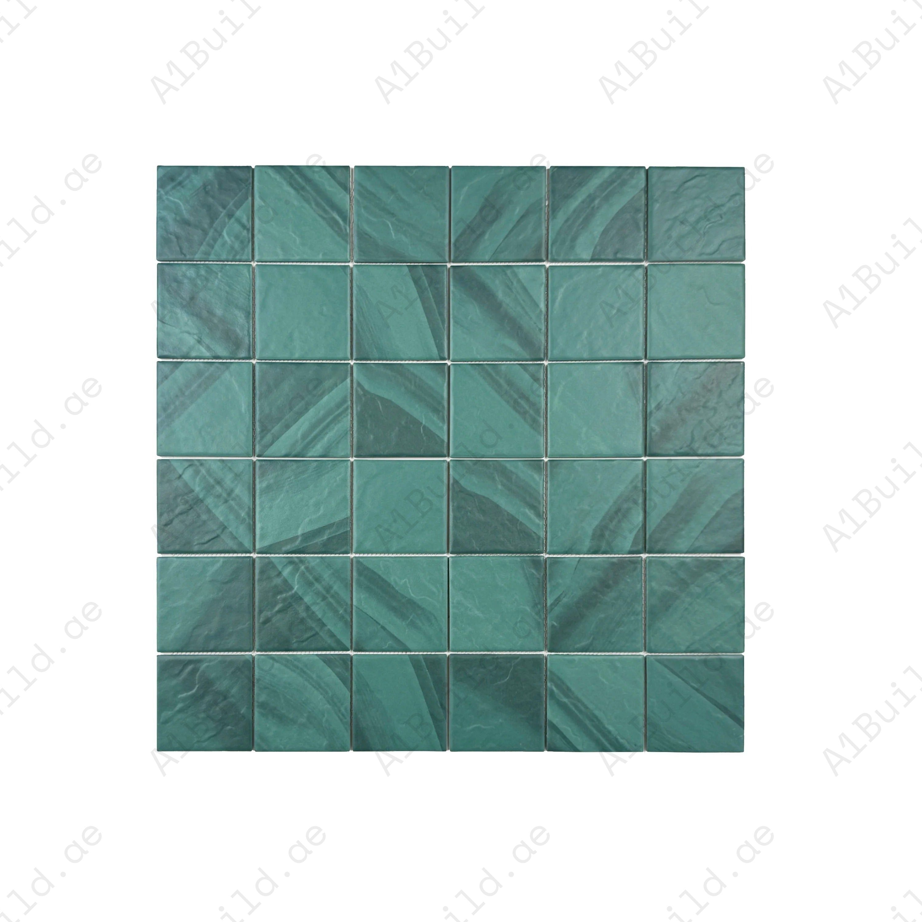 Forest green porcelain mosaic tiles for pools, spas & water walls. UV-resistant, slip-proof, eco-friendly, and designed for long-lasting safety and style.