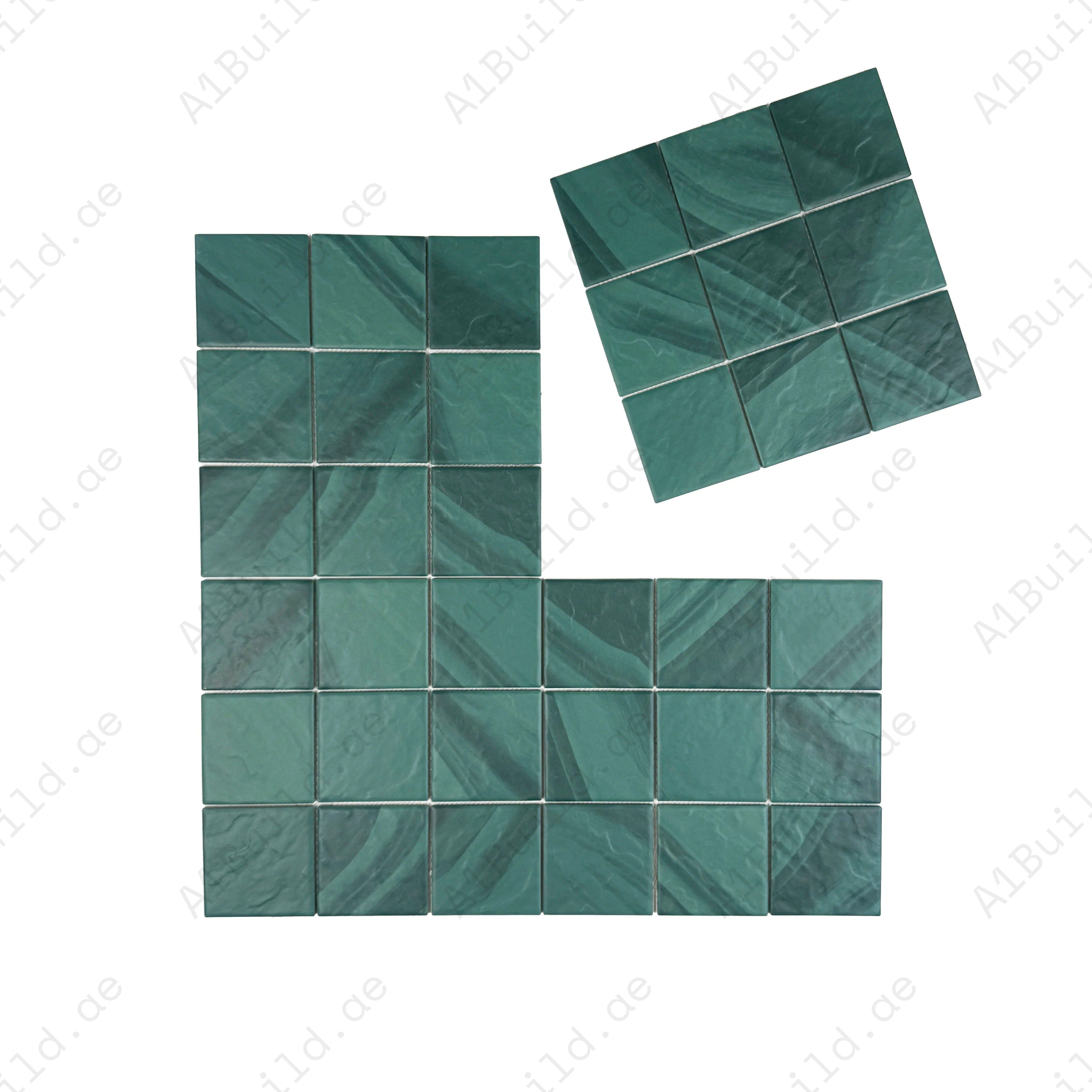 Forest green porcelain mosaic tiles for pools, spas & water walls. UV-resistant, slip-proof, eco-friendly, and designed for long-lasting safety and style.