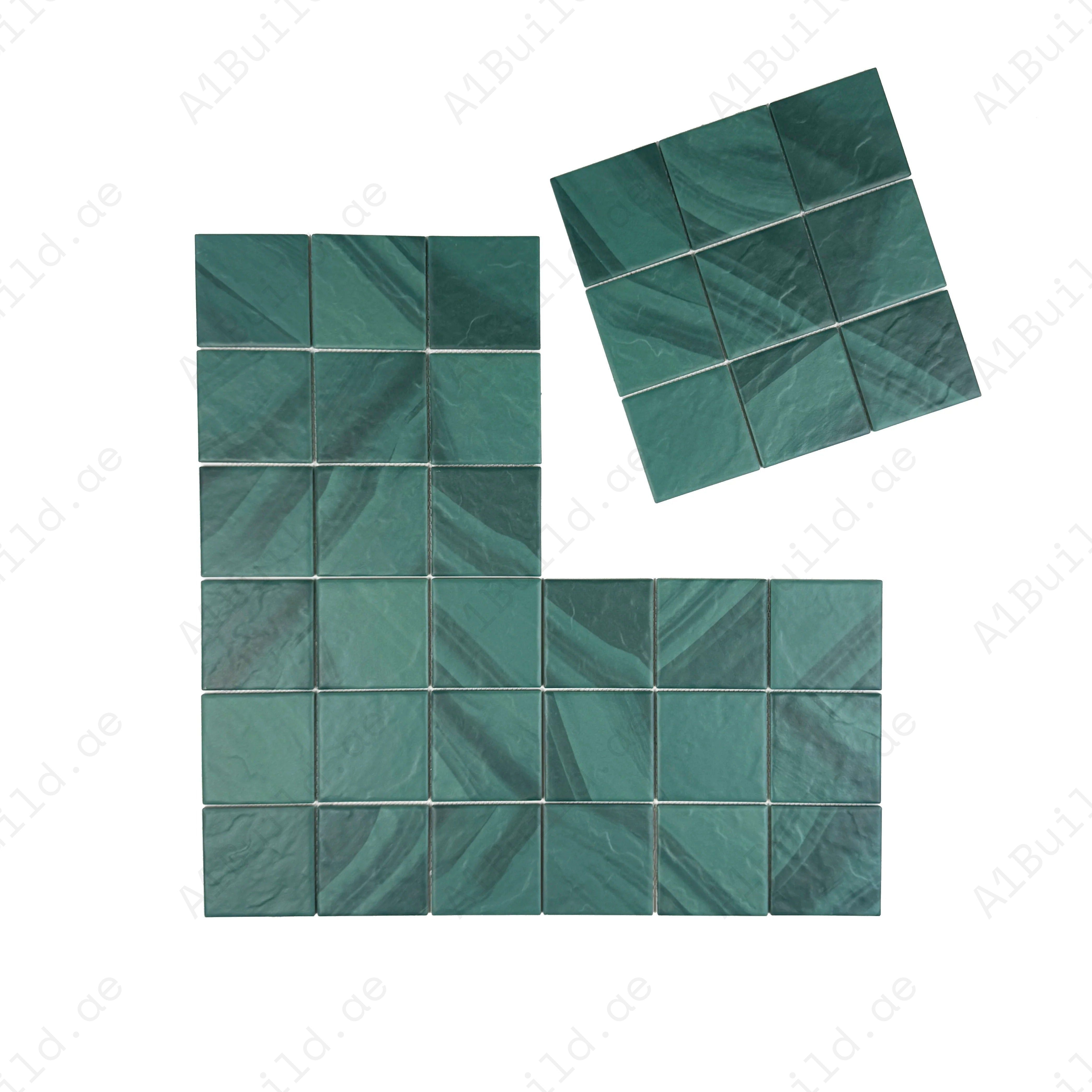 Forest green porcelain mosaic tiles for pools, spas & water walls. UV-resistant, slip-proof, eco-friendly, and designed for long-lasting safety and style.