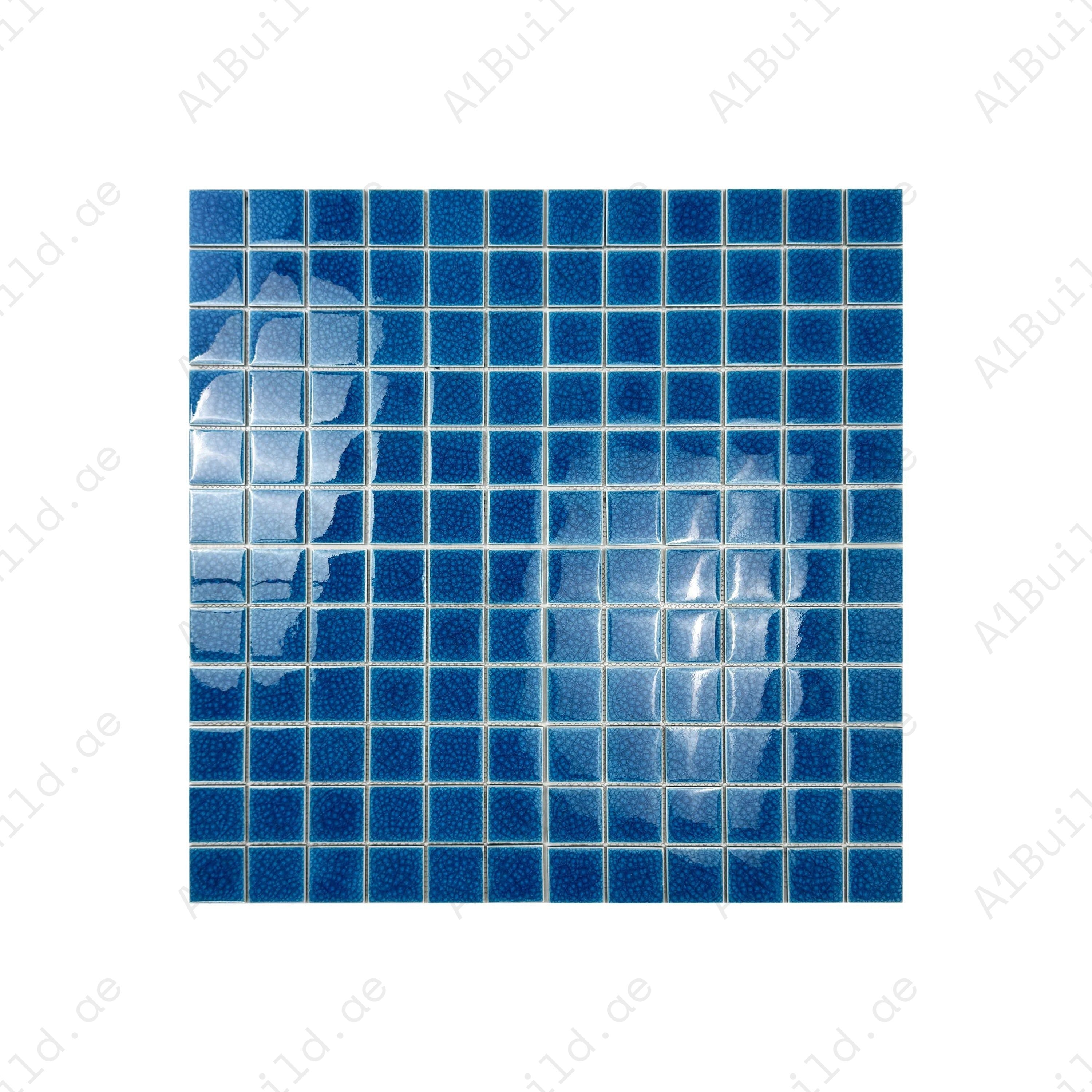 French Blue double crackle porcelain mosaic tiles. UV-resistant, slip-proof, and waterproof—perfect for luxury pools, spas, and decorative aquatic walls in Dubai.