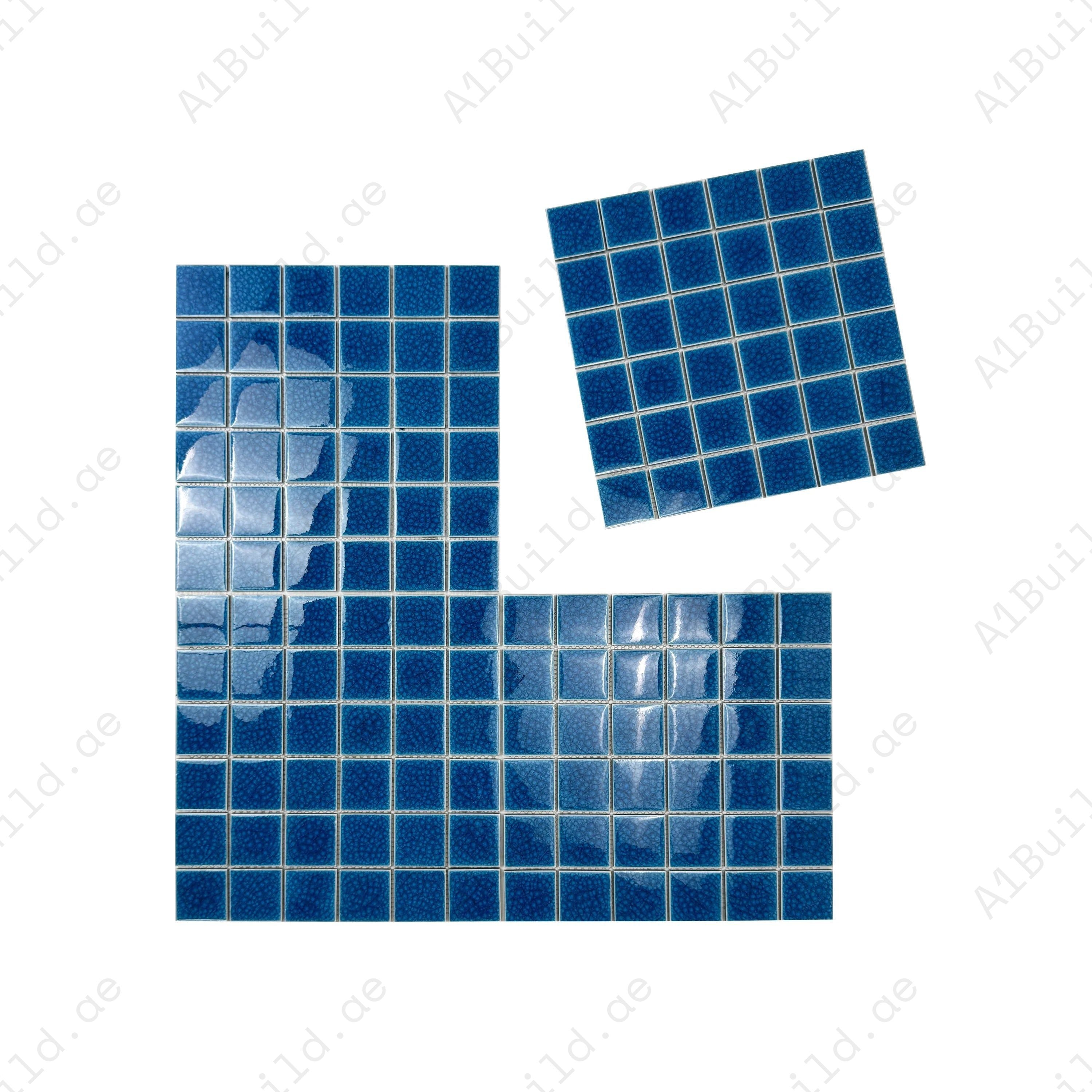 French Blue double crackle porcelain mosaic tiles. UV-resistant, slip-proof, and waterproof—perfect for luxury pools, spas, and decorative aquatic walls in Dubai.