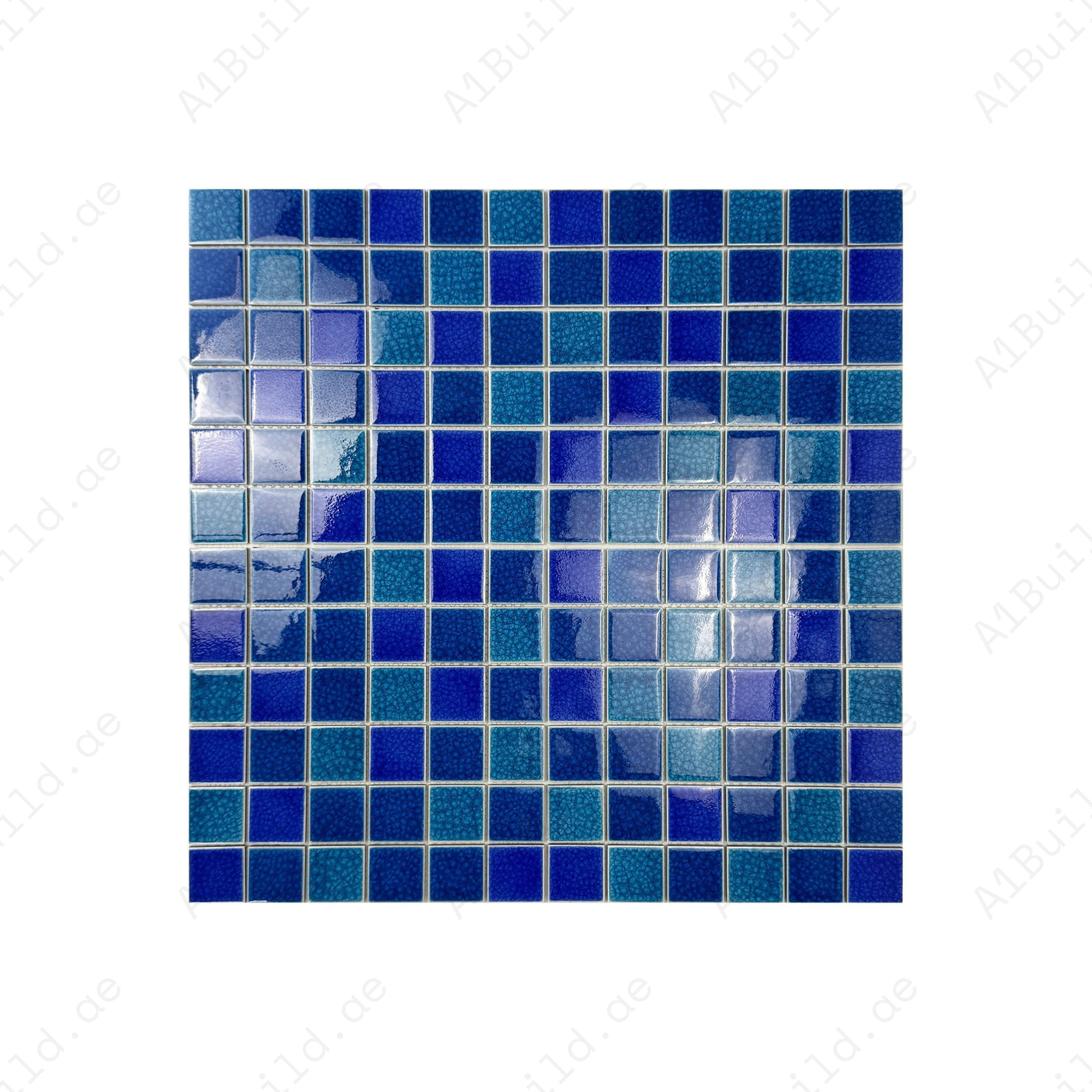French & Klein Blue double crackle porcelain mosaic. UV-resistant, slip-proof, and waterproof tiles ideal for luxury pools, spas & aquatic wall projects.