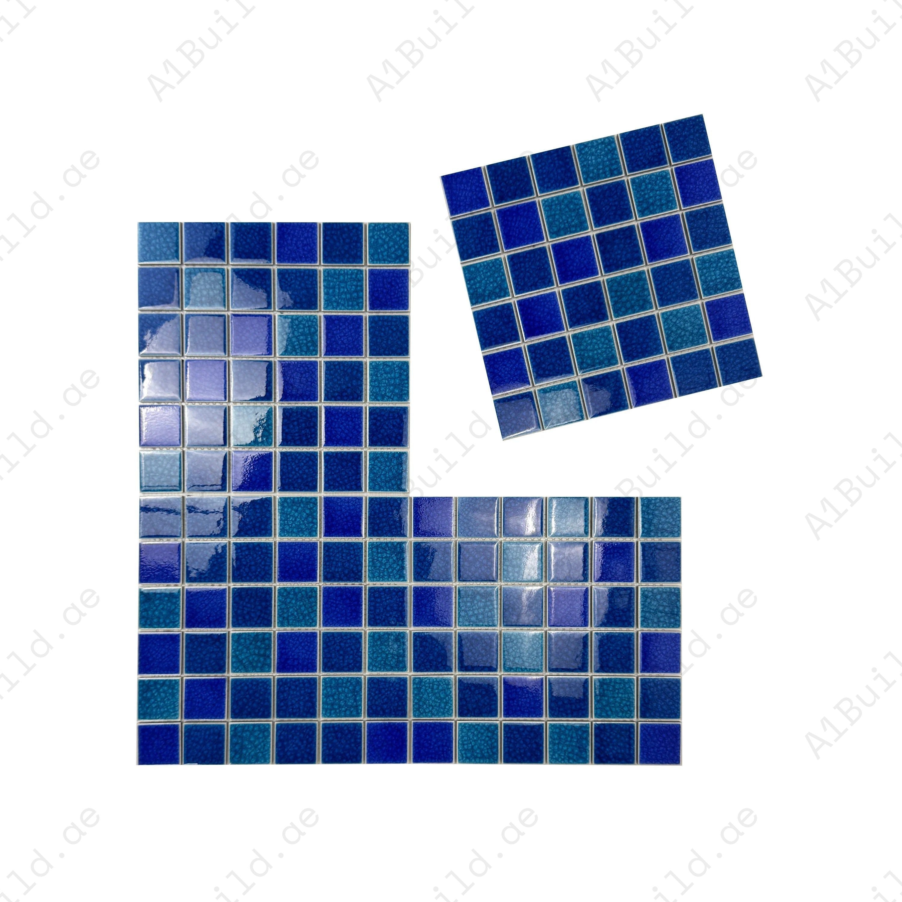 French & Klein Blue double crackle porcelain mosaic. UV-resistant, slip-proof, and waterproof tiles ideal for luxury pools, spas & aquatic wall projects.