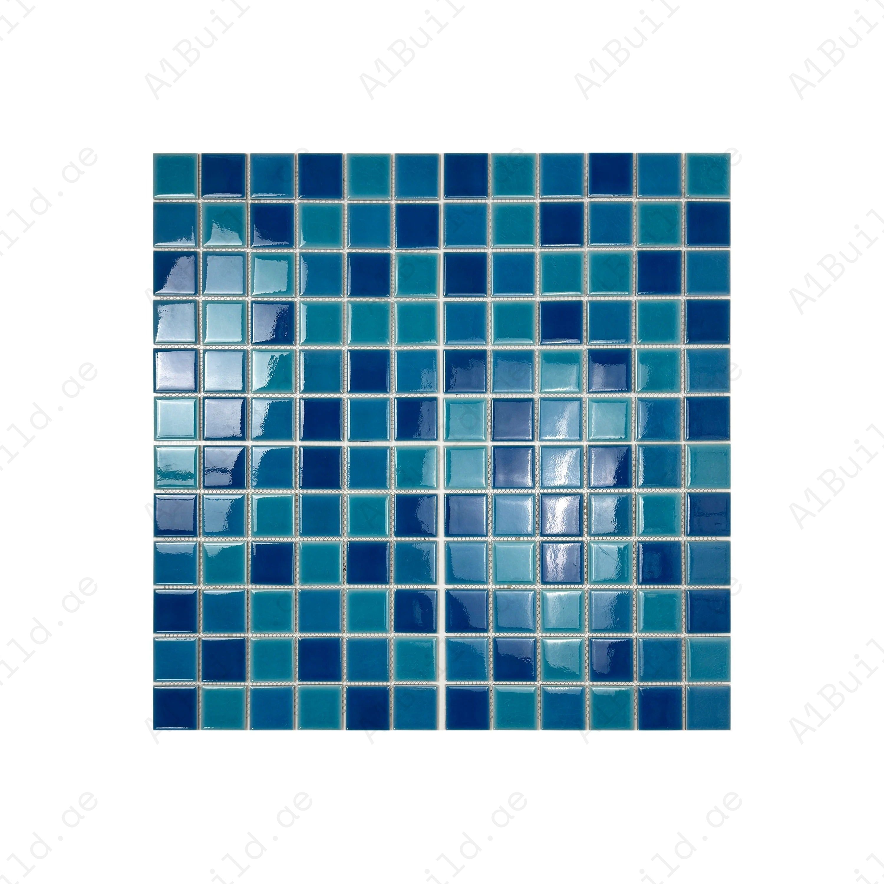 French, Klein & Tiffany Blue double crackle porcelain mosaic. UV-resistant, slip-proof, waterproof tiles for luxury pools, spas & aquatic wall designs.