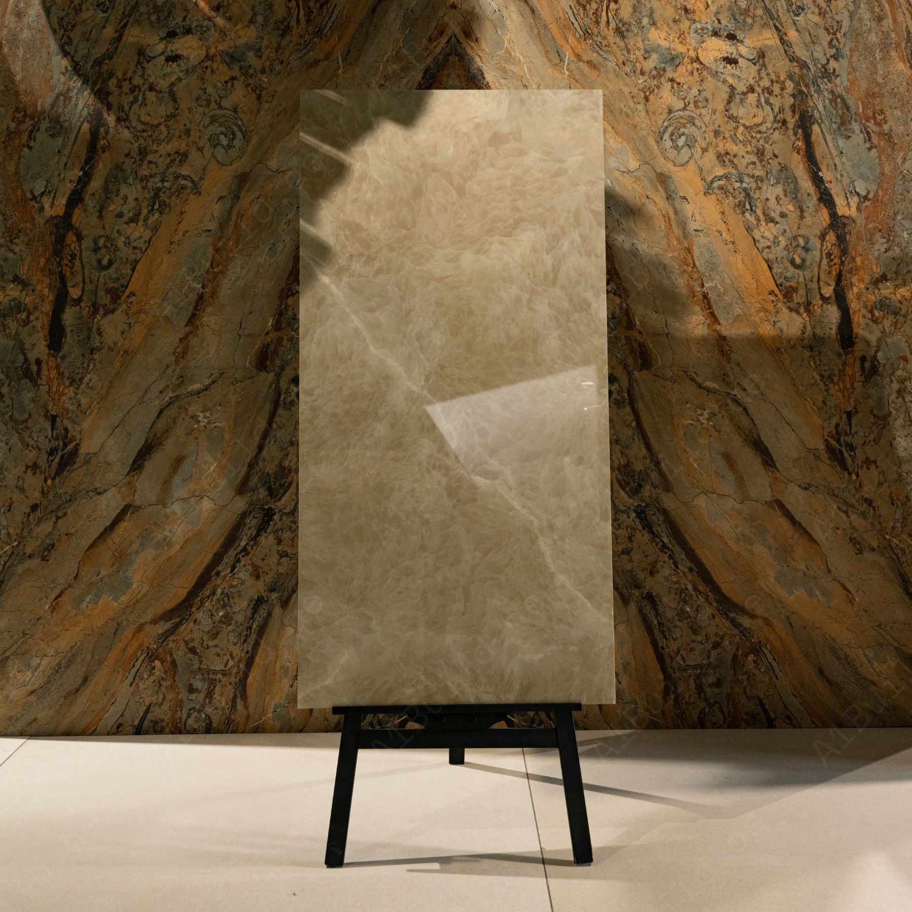 Fur Gold glossy marble porcelain tile 60x120cm with 9mm thickness features white base, golden veins and elegant polished surface finish.