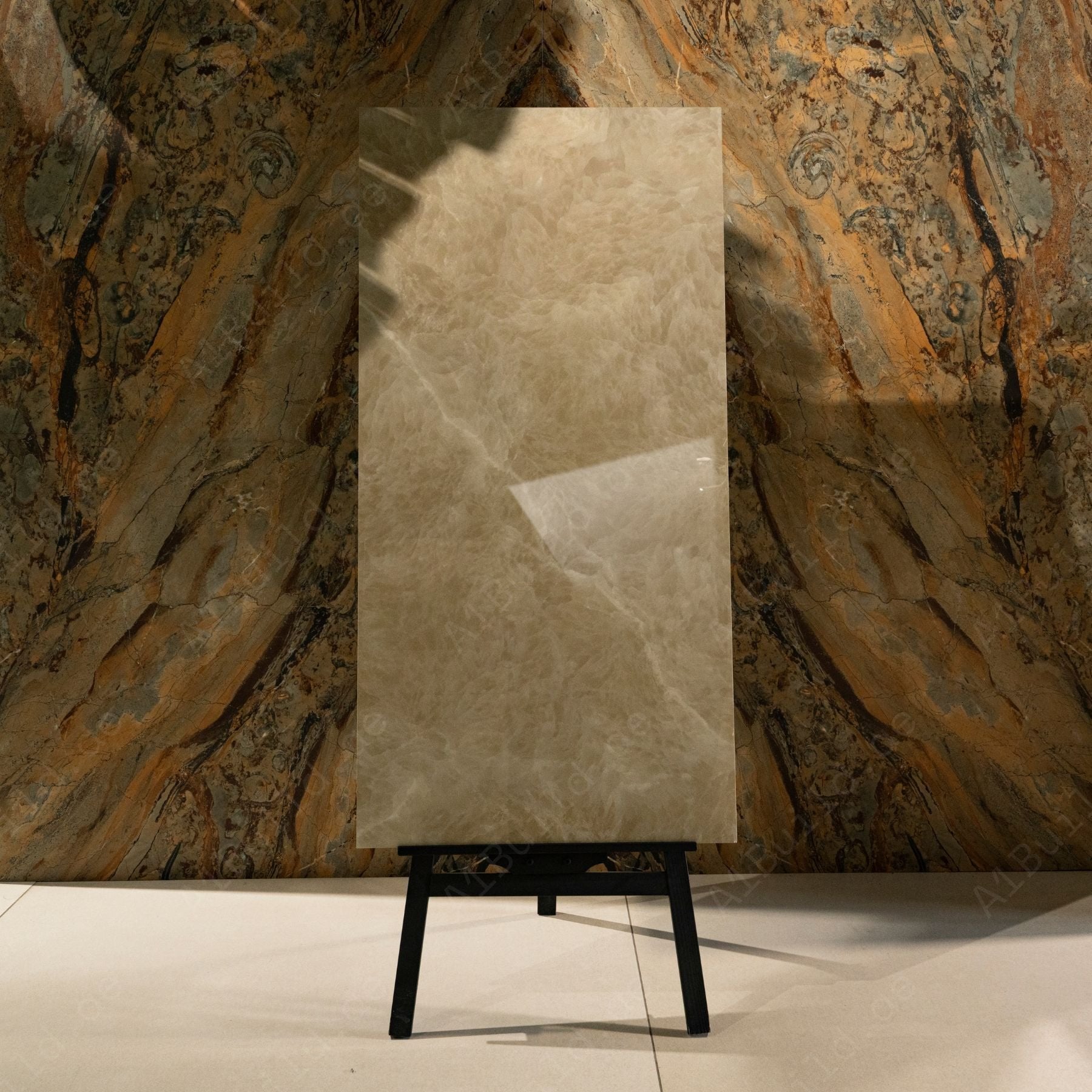 Fur Gold glossy marble porcelain tile 60x120cm with 9mm thickness features white base, golden veins and elegant polished surface finish.