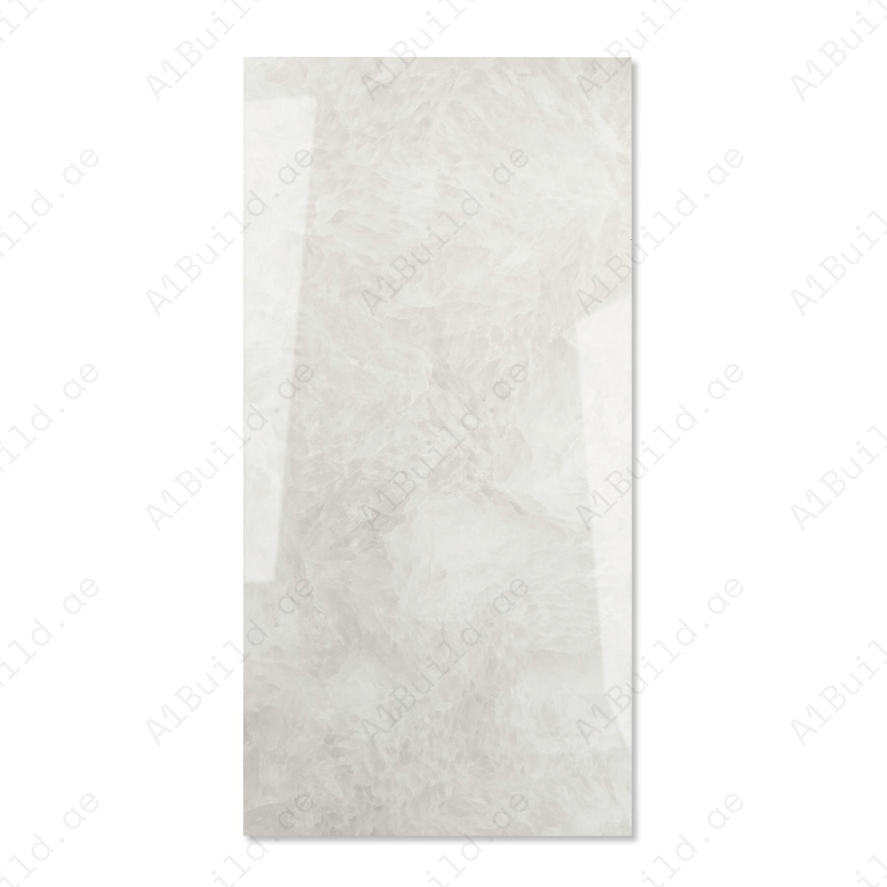 Fur Ice glossy marble effect porcelain tile 60x120cm with 9mm thickness features icy white base, soft grey texture and polished finish.