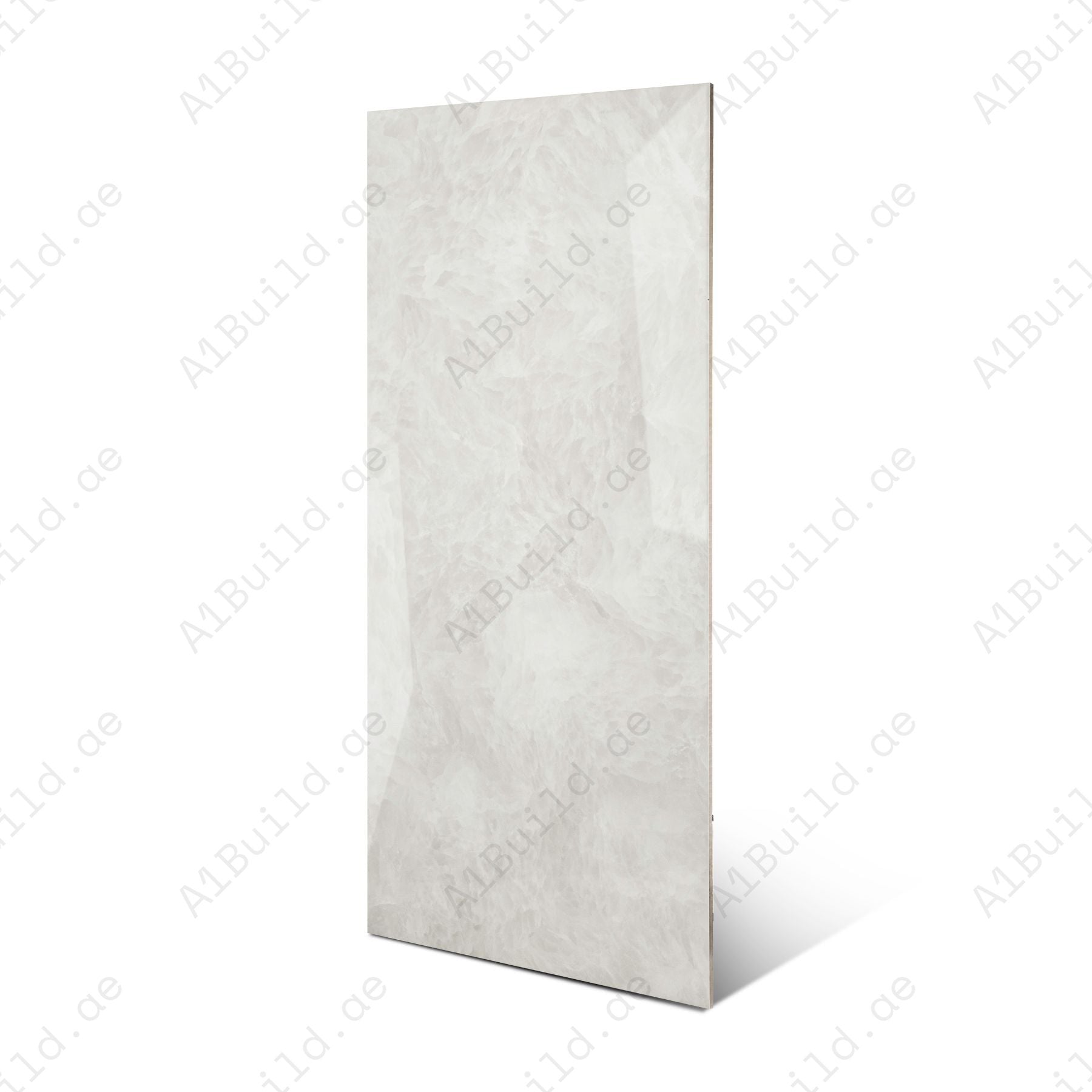 Fur Ice glossy marble effect porcelain tile 60x120cm with 9mm thickness features icy white base, soft grey texture and polished finish.