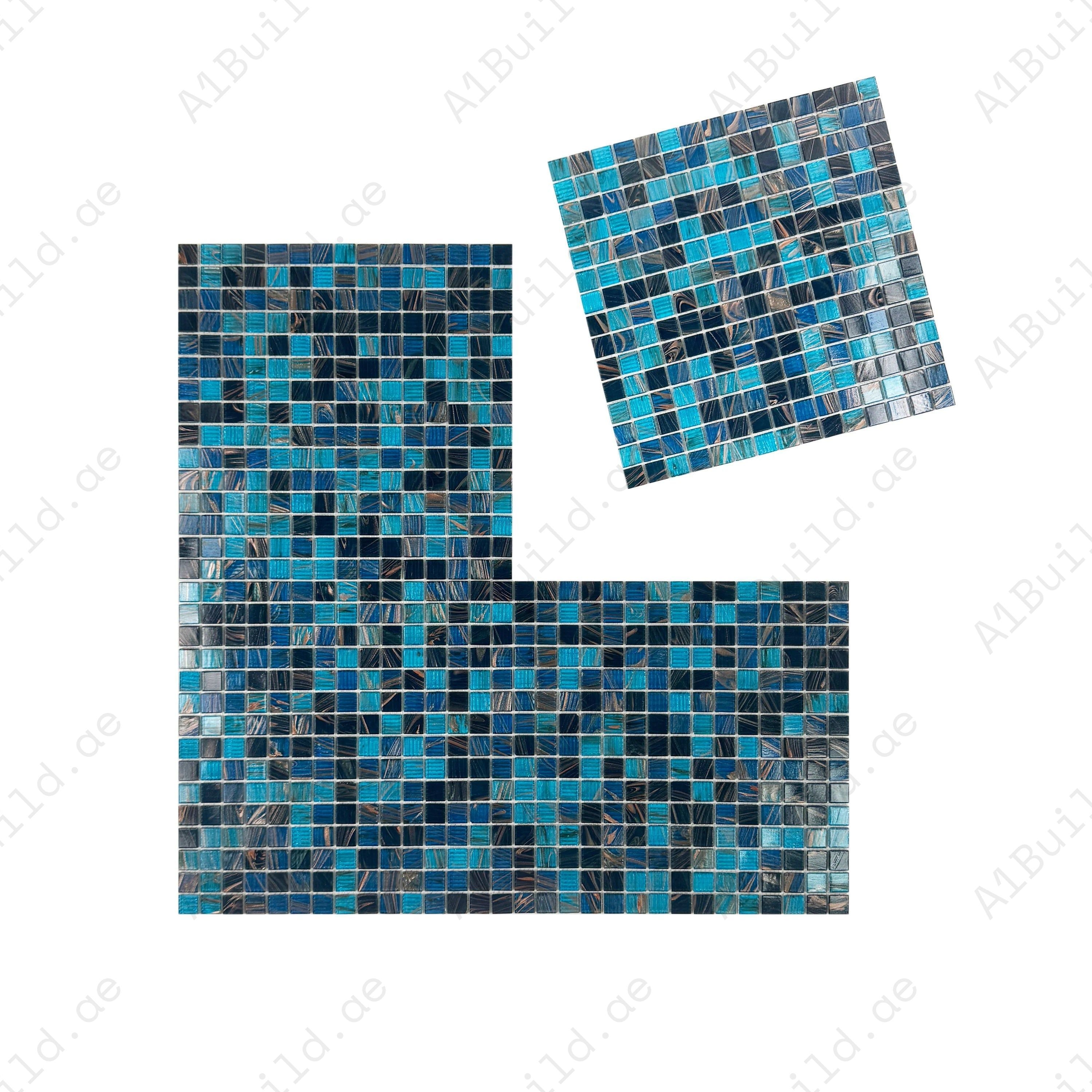 Glacial Artistry Cerulean & Midnight Blue Glass Mosaic – durable, slip-resistant, waterproof & eco-friendly. Perfect for pools, spas, water walls & interiors.