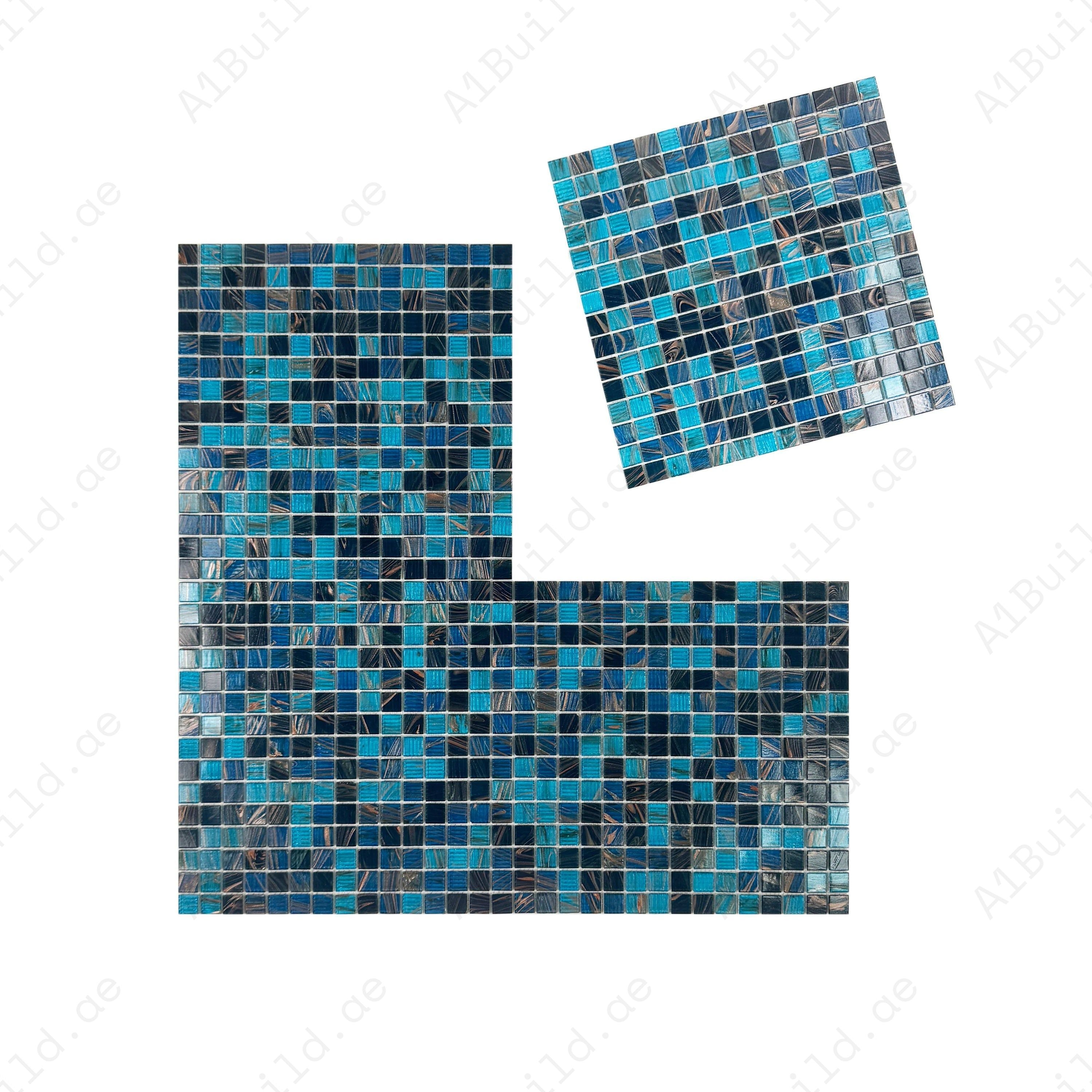 Glacial Artistry Cerulean & Midnight Blue Glass Mosaic – durable, slip-resistant, waterproof & eco-friendly. Perfect for pools, spas, water walls & interiors.