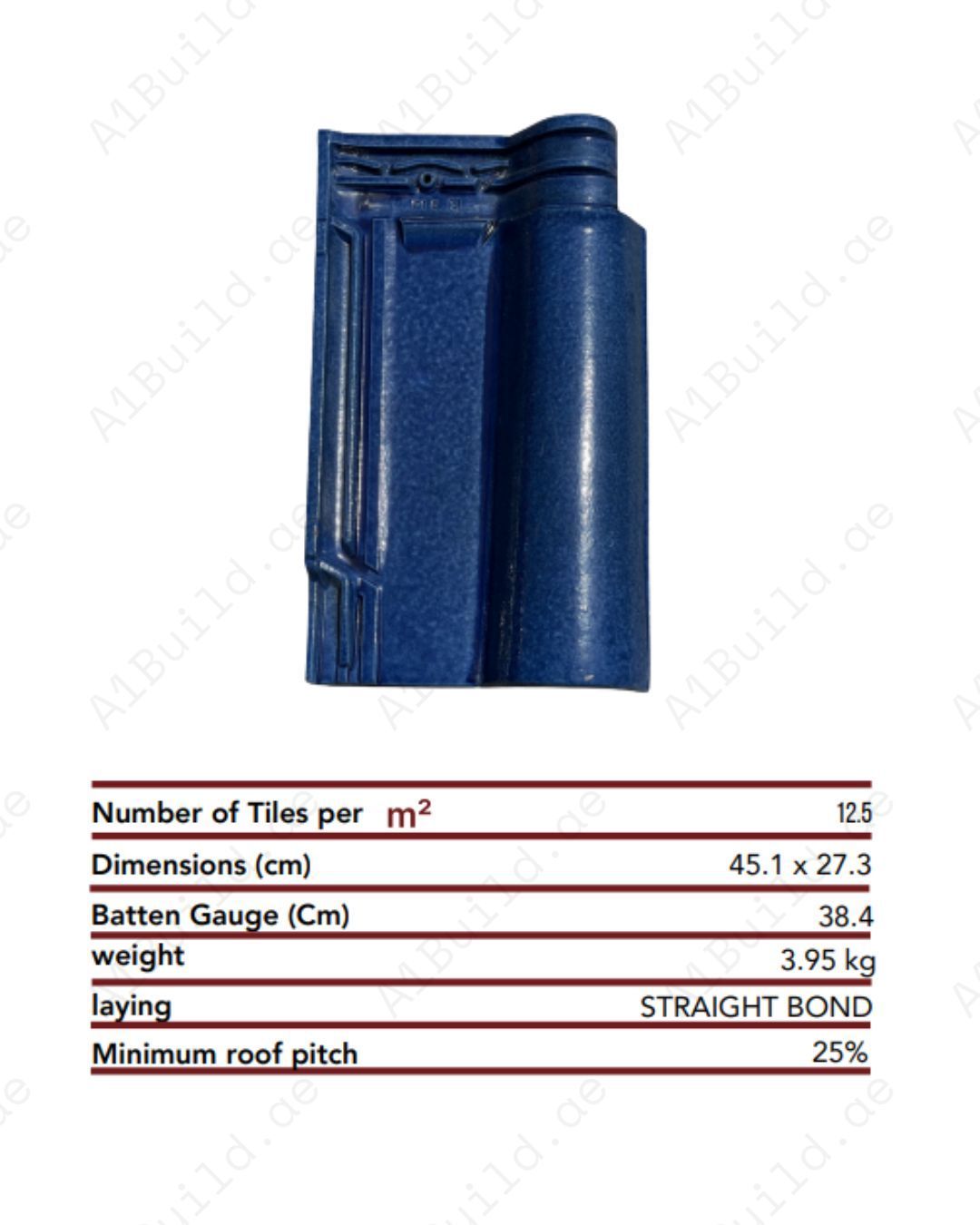 Glossy Blue ceramic roof tile 45.1×27.3 cm with UV protection and long-lasting durability. Stylish design with only 12.5 tiles per m² for easy roofing.