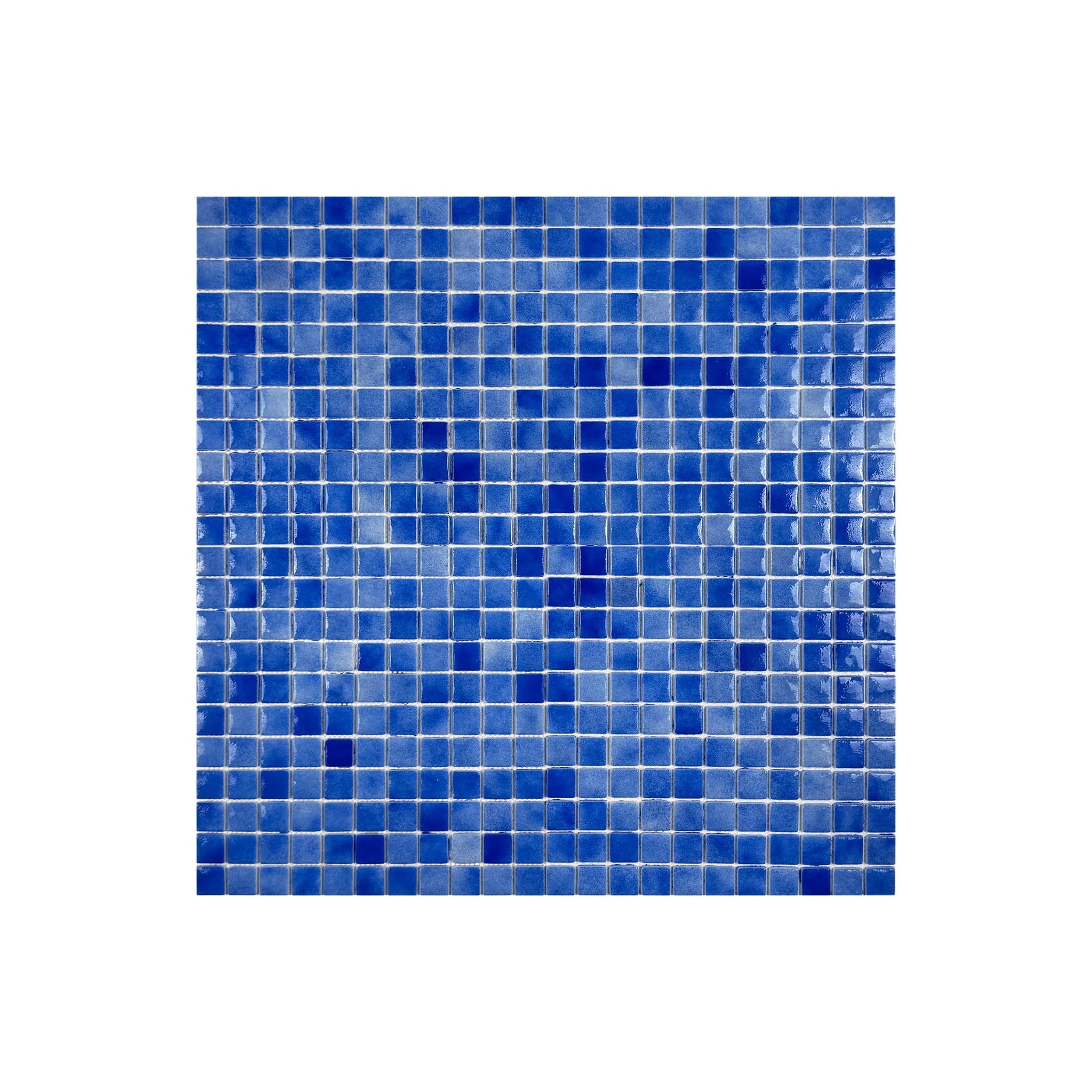 Glossy azure, neon & navy blue recycled glass mosaic tiles. Eco-friendly, durable, slip-resistant, ideal for pools, spas, water features, and wet areas.