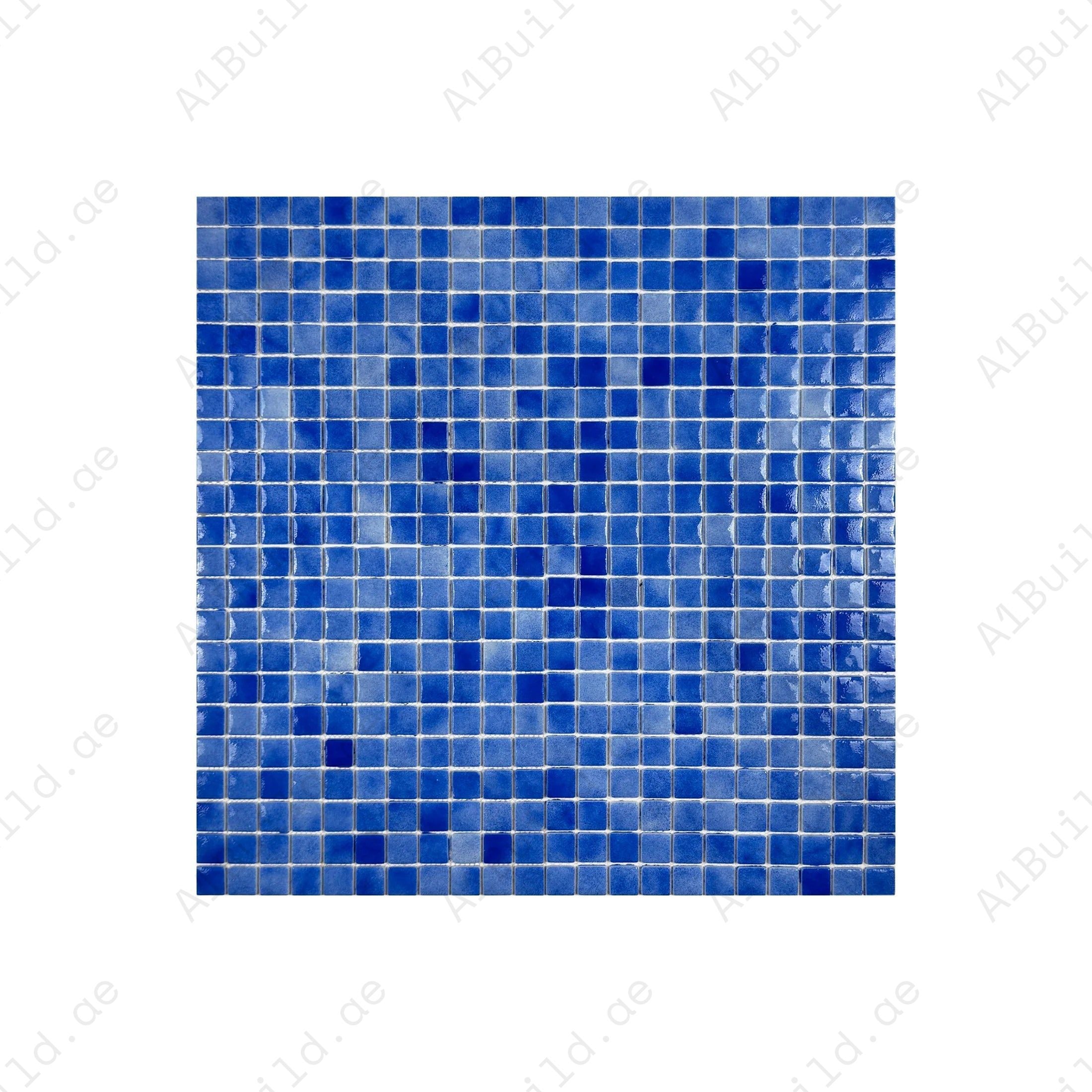 Glossy azure, neon & navy blue recycled glass mosaic tiles. Eco-friendly, durable, slip-resistant, ideal for pools, spas, water features, and wet areas.