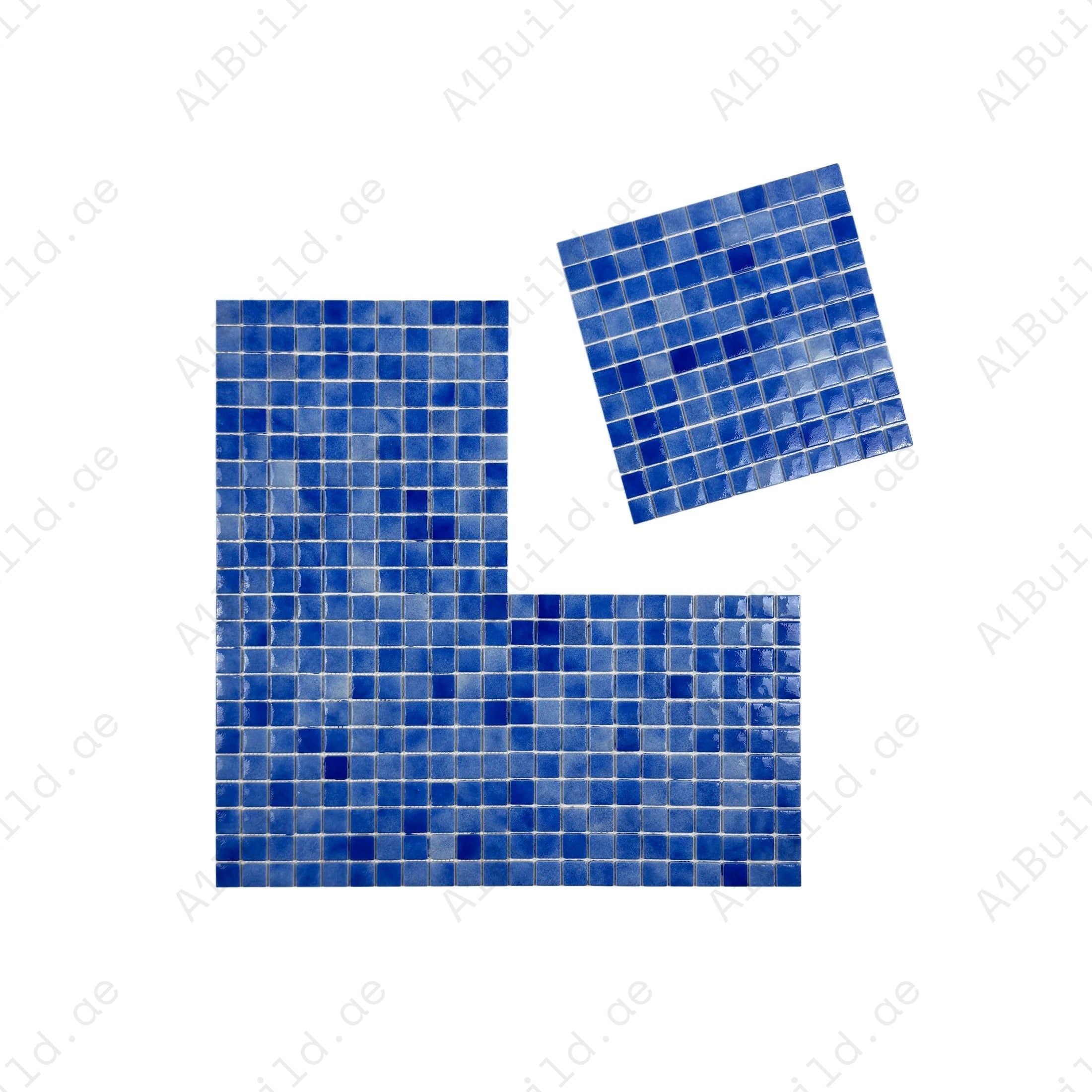Glossy azure, neon & navy blue recycled glass mosaic tiles. Eco-friendly, durable, slip-resistant, ideal for pools, spas, water features, and wet areas.