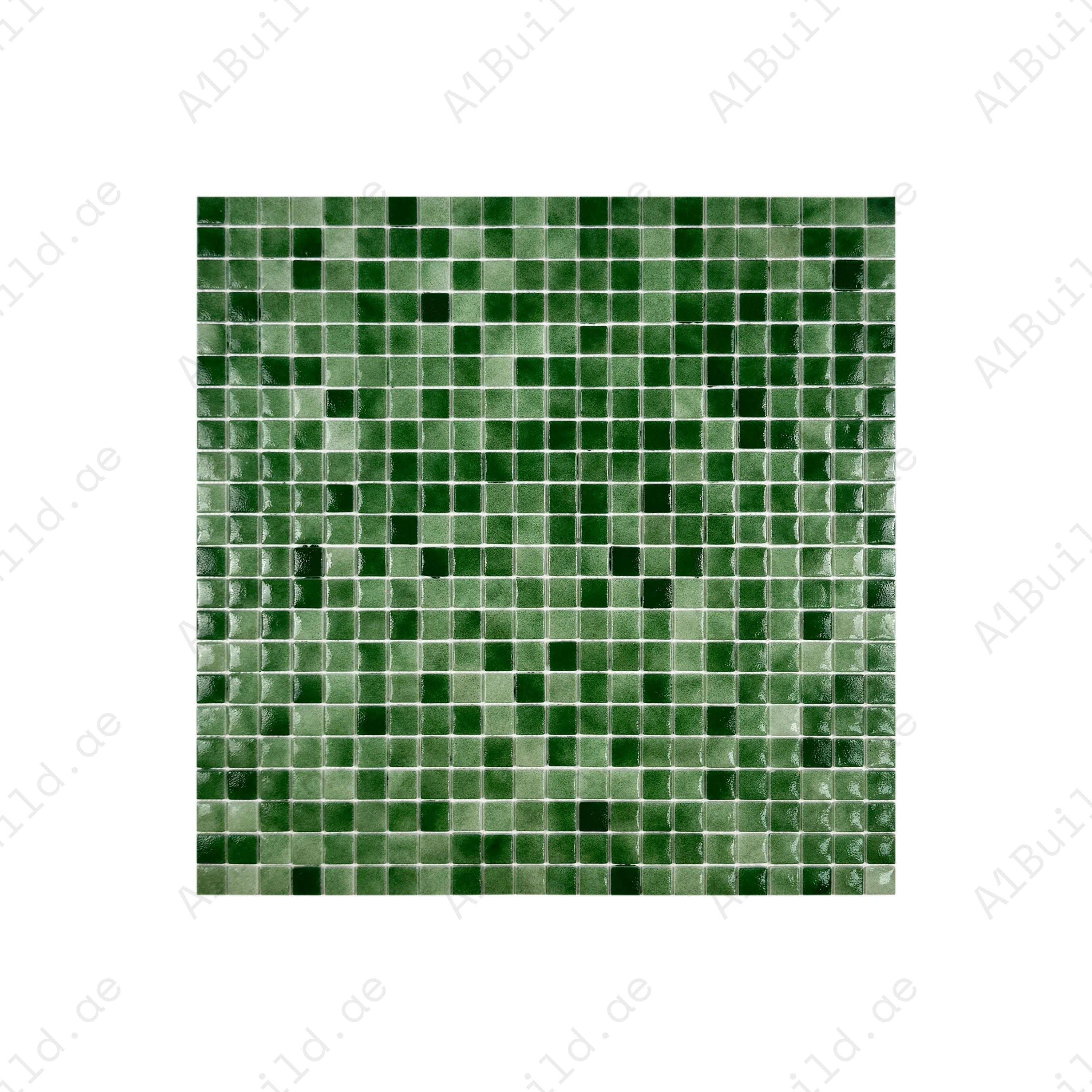 Glossy fern & moss green recycled glass mosaic tiles with eco-friendly design, durable construction and slip-resistant surface. Ideal for spas & water features.