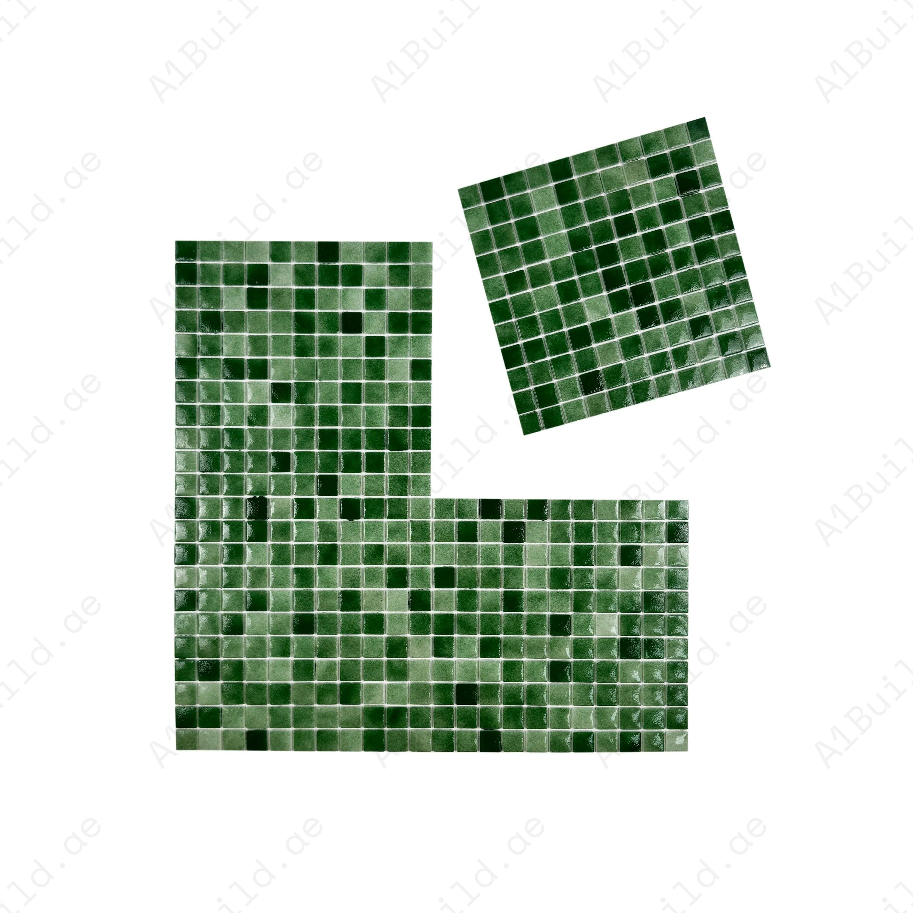 Glossy fern & moss green recycled glass mosaic tiles with eco-friendly design, durable construction and slip-resistant surface. Ideal for spas & water features.