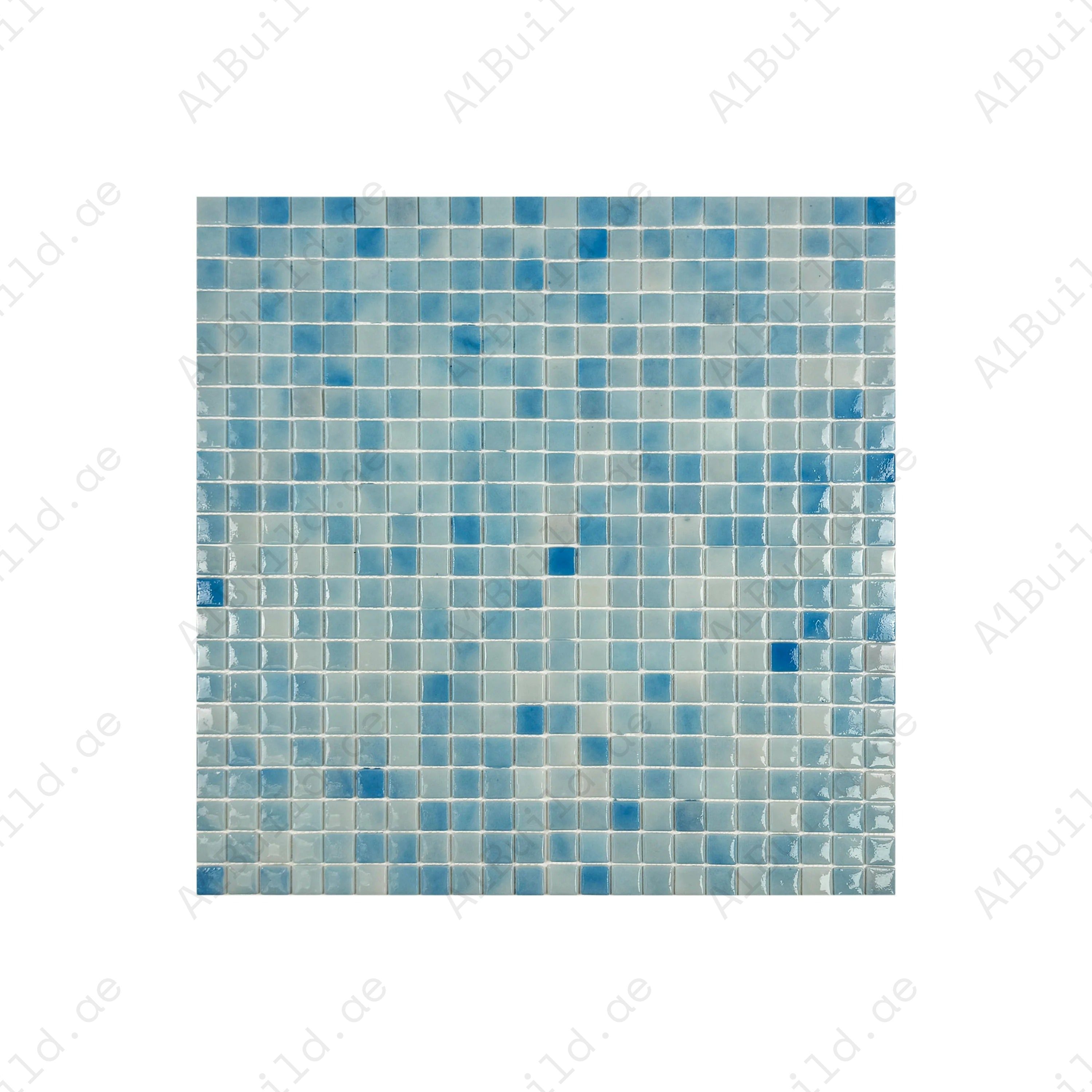 Glossy light & baby blue recycled glass mosaic tiles. Eco-friendly, durable, slip-resistant—ideal for swimming pools, spas, water features, and wet zones.