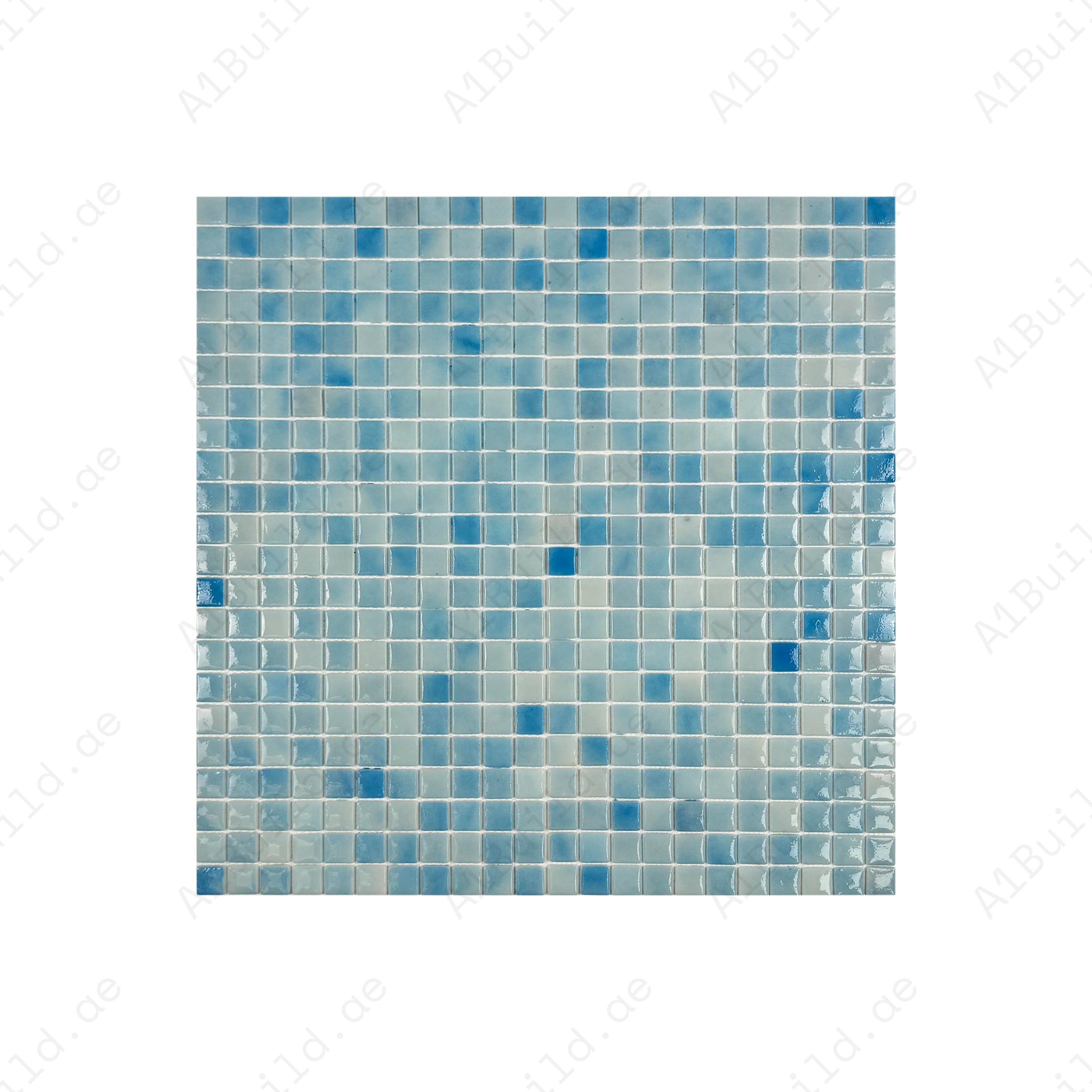 Glossy light & baby blue recycled glass mosaic tiles. Eco-friendly, durable, slip-resistant—ideal for swimming pools, spas, water features, and wet zones.