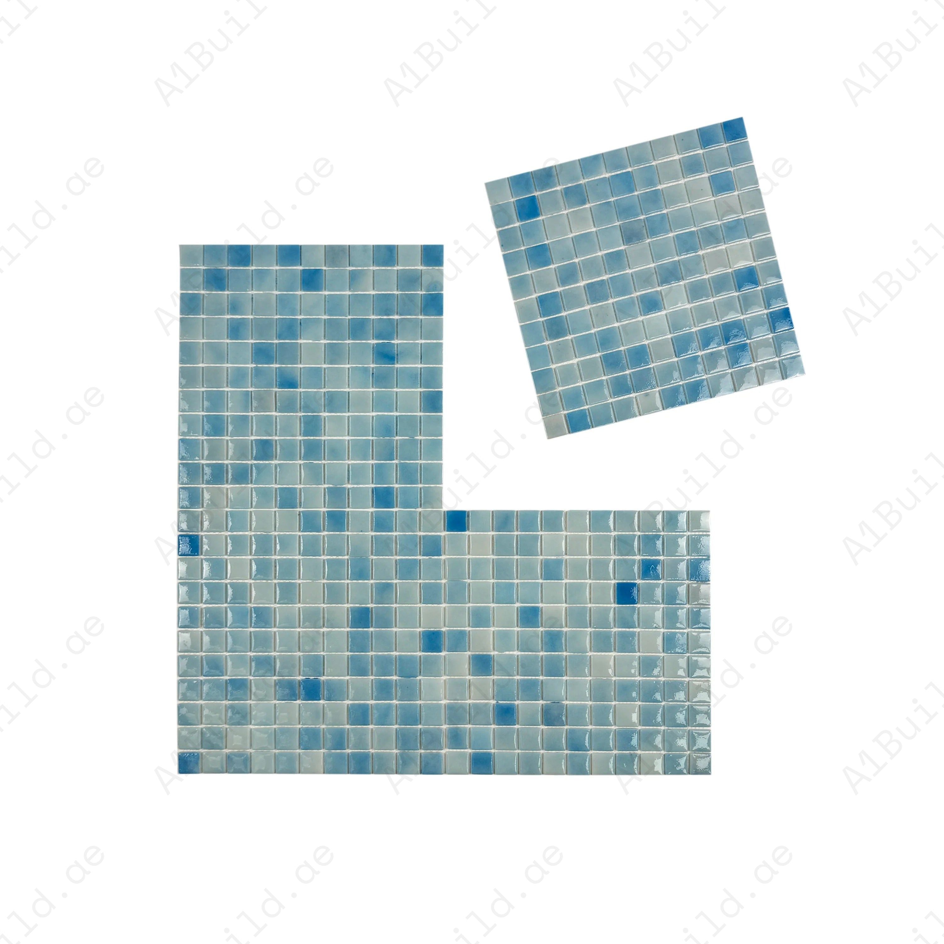 Glossy light & baby blue recycled glass mosaic tiles. Eco-friendly, durable, slip-resistant—ideal for swimming pools, spas, water features, and wet zones.