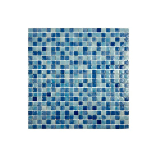 Glossy light, baby & cobalt blue recycled glass mosaic tiles. Eco-friendly, durable, slip-resistant—perfect for pools, spas, water features, and wet areas.
