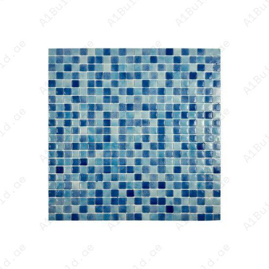 Glossy light, baby & cobalt blue recycled glass mosaic tiles. Eco-friendly, durable, slip-resistant—perfect for pools, spas, water features, and wet areas.