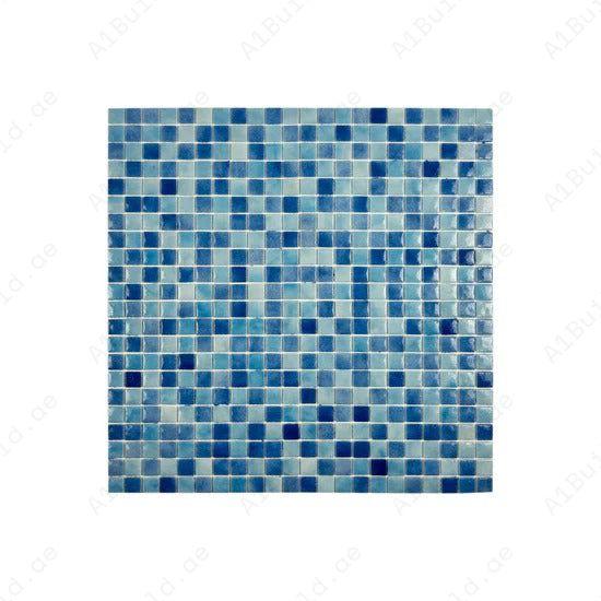 Glossy light, baby & cobalt blue recycled glass mosaic tiles. Eco-friendly, durable, slip-resistant—perfect for pools, spas, water features, and wet areas.