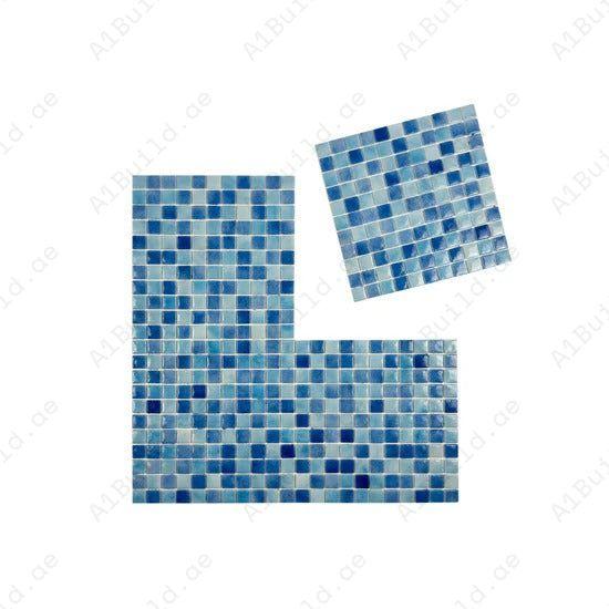 Glossy light, baby & cobalt blue recycled glass mosaic tiles. Eco-friendly, durable, slip-resistant—perfect for pools, spas, water features, and wet areas.