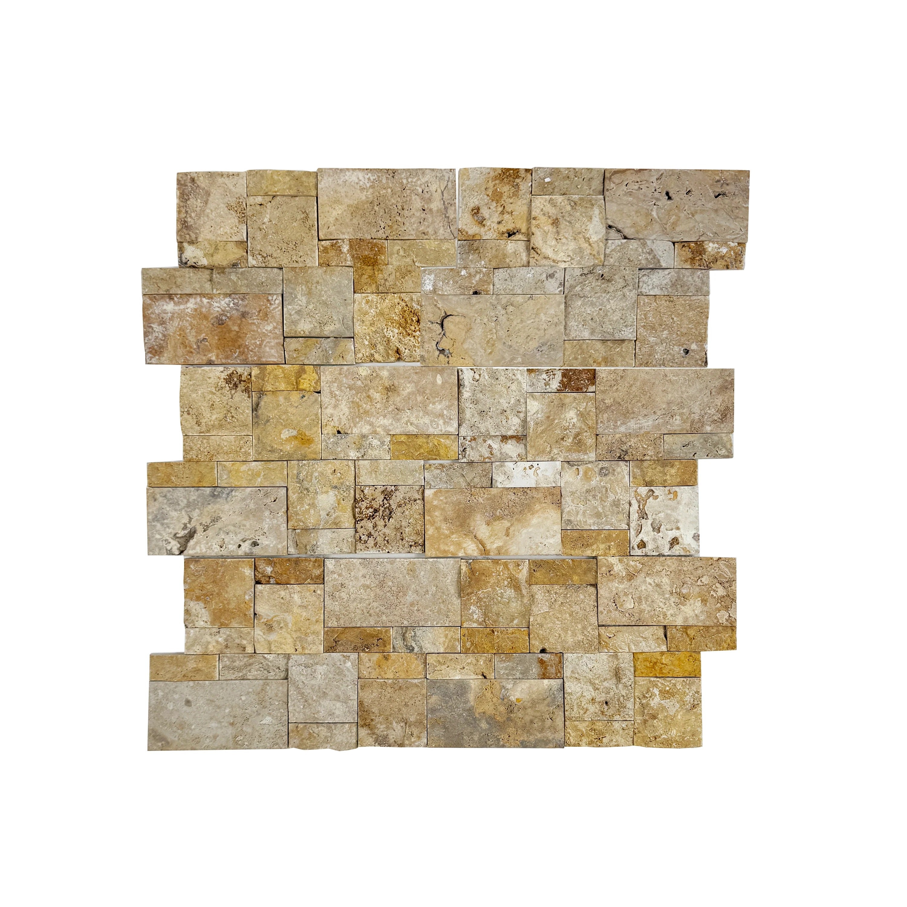 Golden Yellow split travertine mosaic tile with interlocking rectangular pattern. Durable, elegant & ideal for walls, backsplashes & luxury interiors.