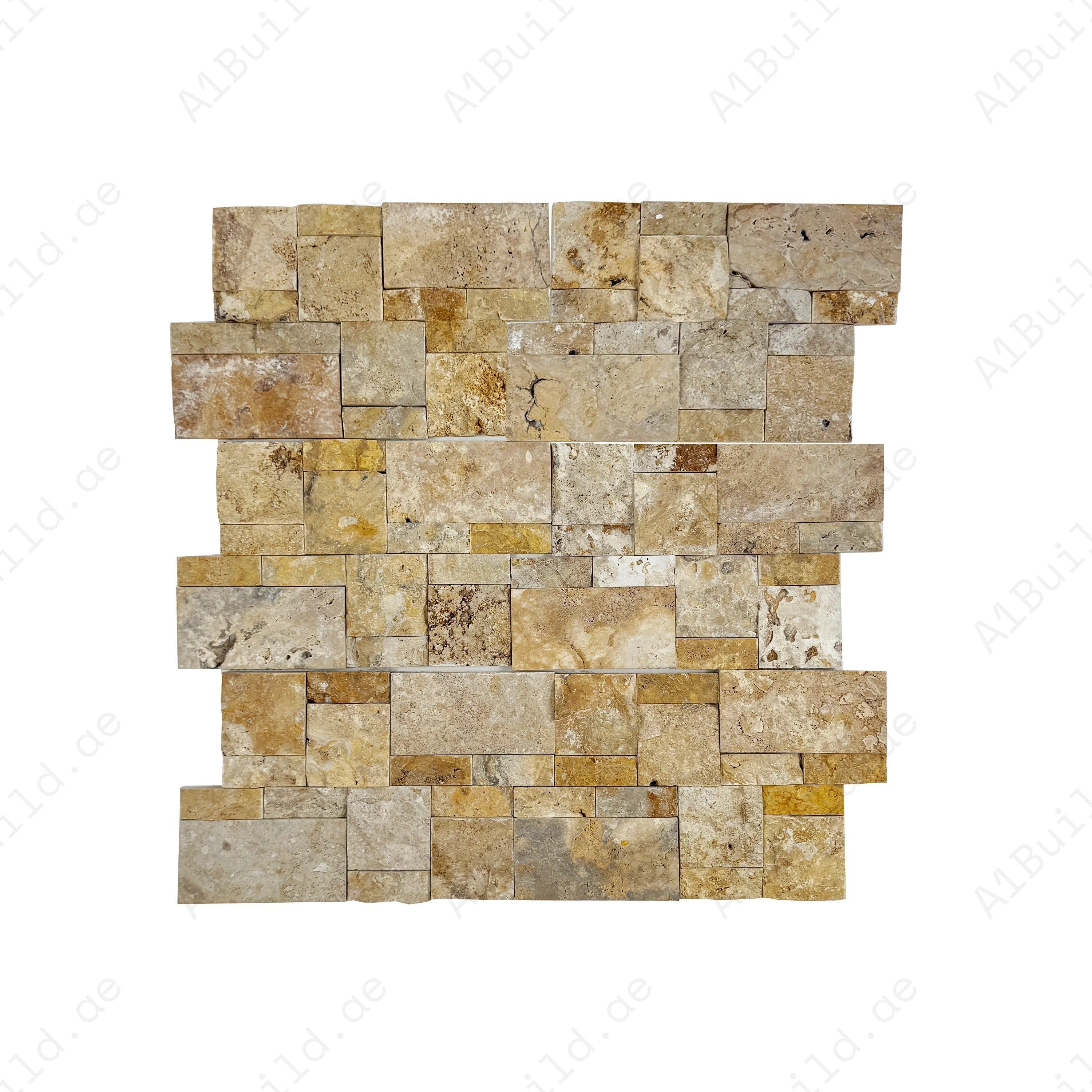 Golden Yellow split travertine mosaic tile with interlocking rectangular pattern. Durable, elegant & ideal for walls, backsplashes & luxury interiors.