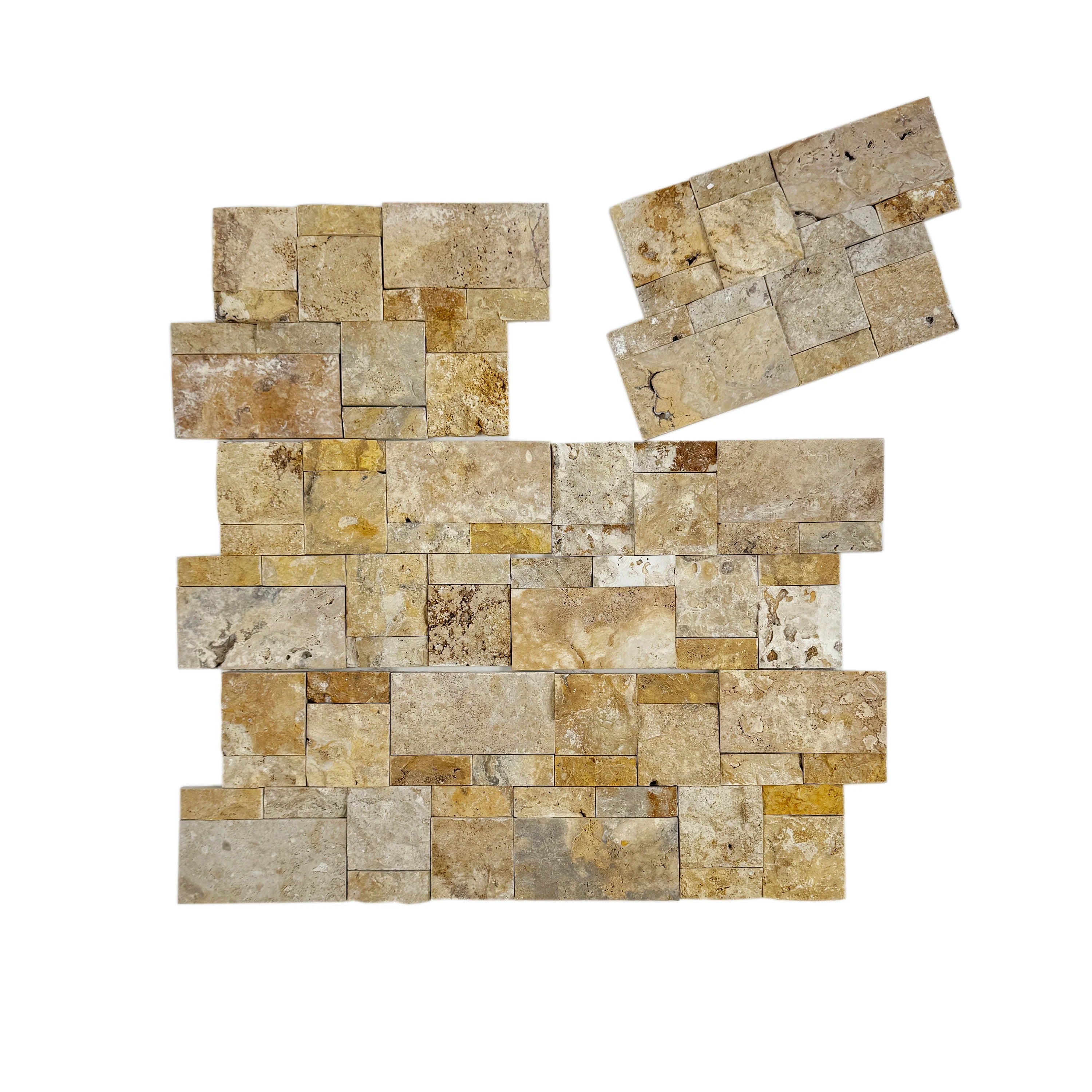 Golden Yellow split travertine mosaic tile with interlocking rectangular pattern. Durable, elegant & ideal for walls, backsplashes & luxury interiors.