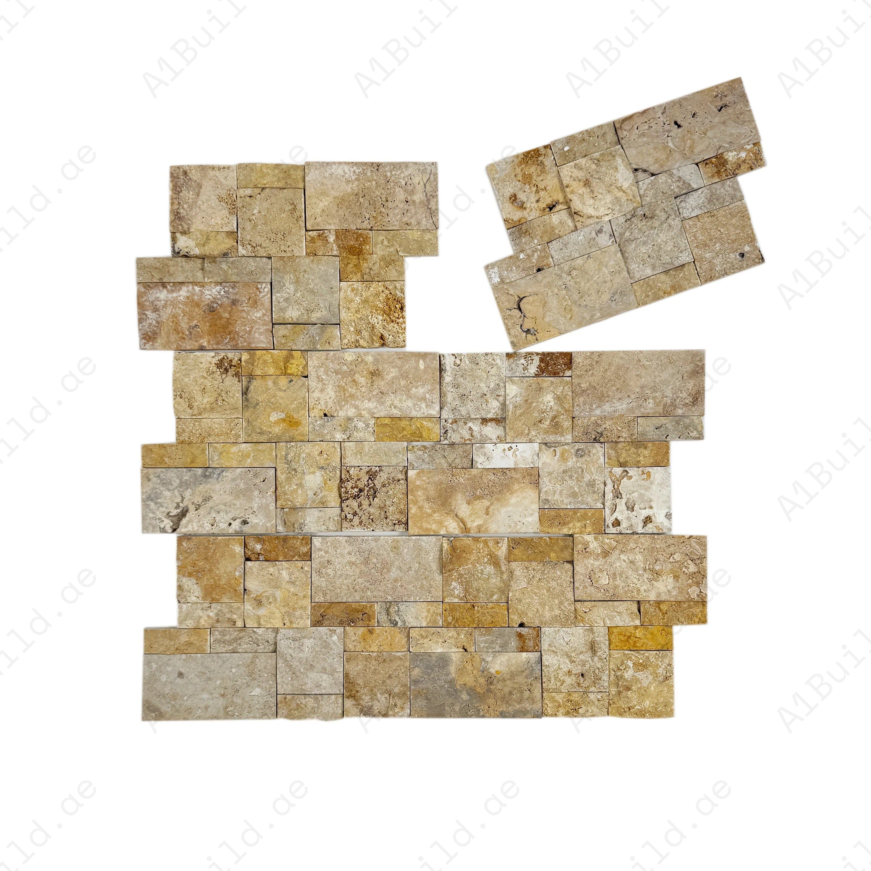 Golden Yellow split travertine mosaic tile with interlocking rectangular pattern. Durable, elegant & ideal for walls, backsplashes & luxury interiors.