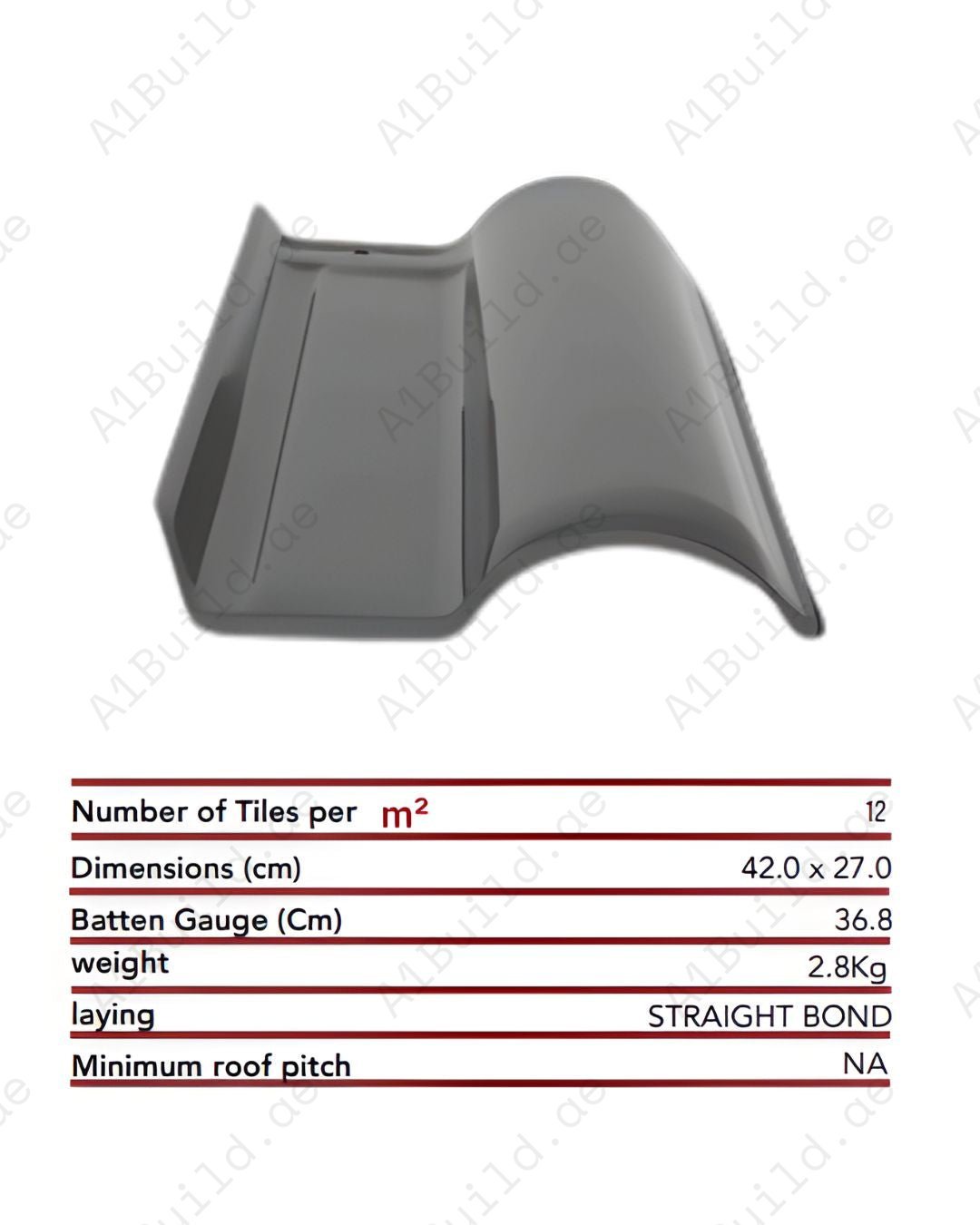 Grafiti grey curved ceramic roof tile 42×27 cm. 2.8kg, 12 tiles/m². Sleek industrial finish with weatherproof, durable design.