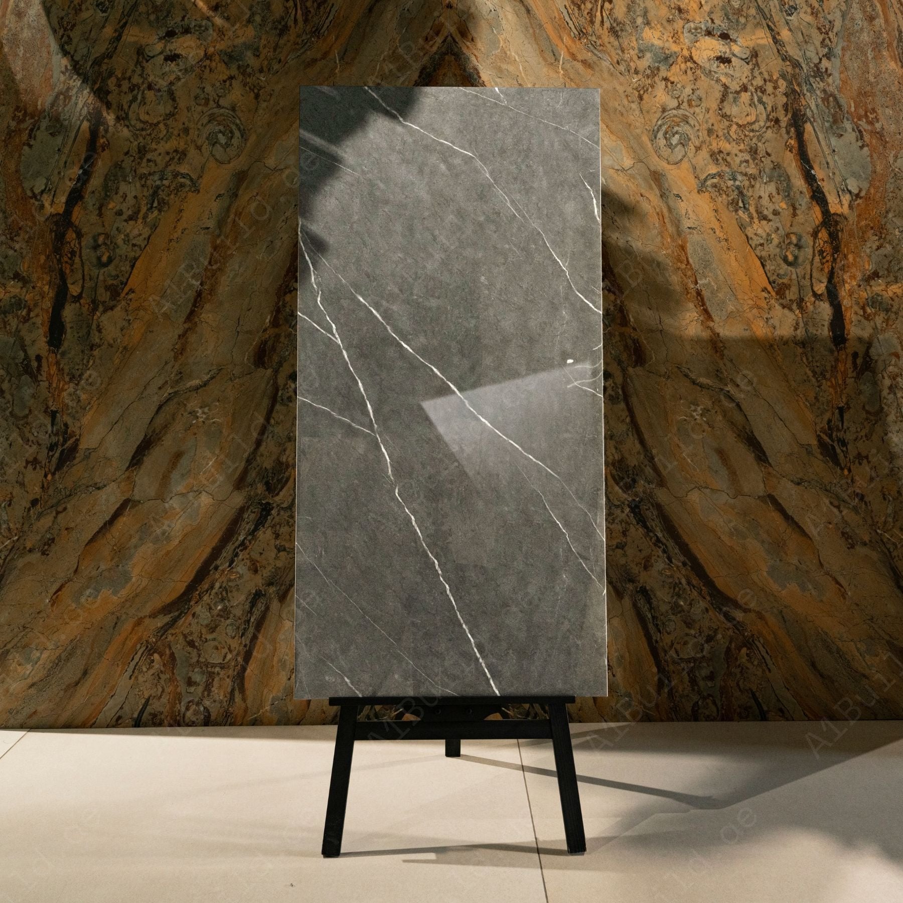 Graphite Vein glossy porcelain tile 60x120cm with 9mm thickness features dark graphite base, elegant veining and refined polished finish.