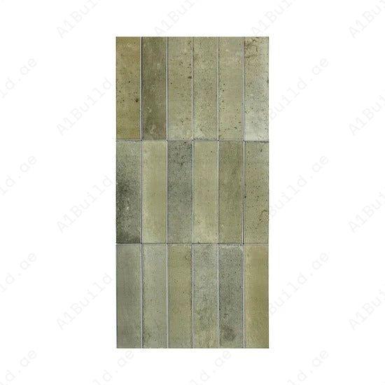 Grass Green Glossy Porcelain Tiles – elegant long-strip design, waterproof, scratch-resistant & stylish. Perfect for kitchens, bathrooms & modern interiors.