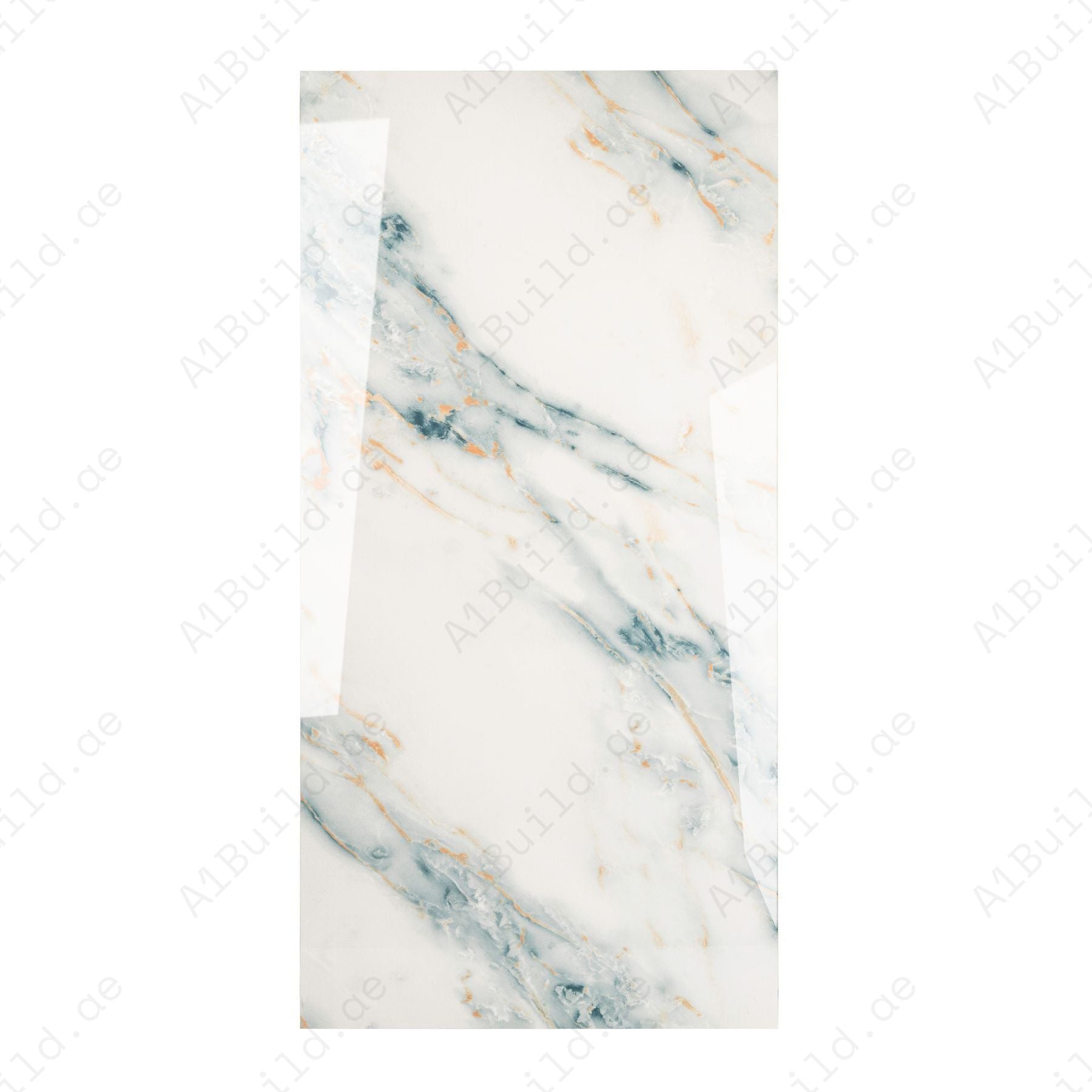 Grazzu Azul glossy marble effect porcelain tile 60x120cm with 9mm thickness features rich blue tones and polished luxury finish.