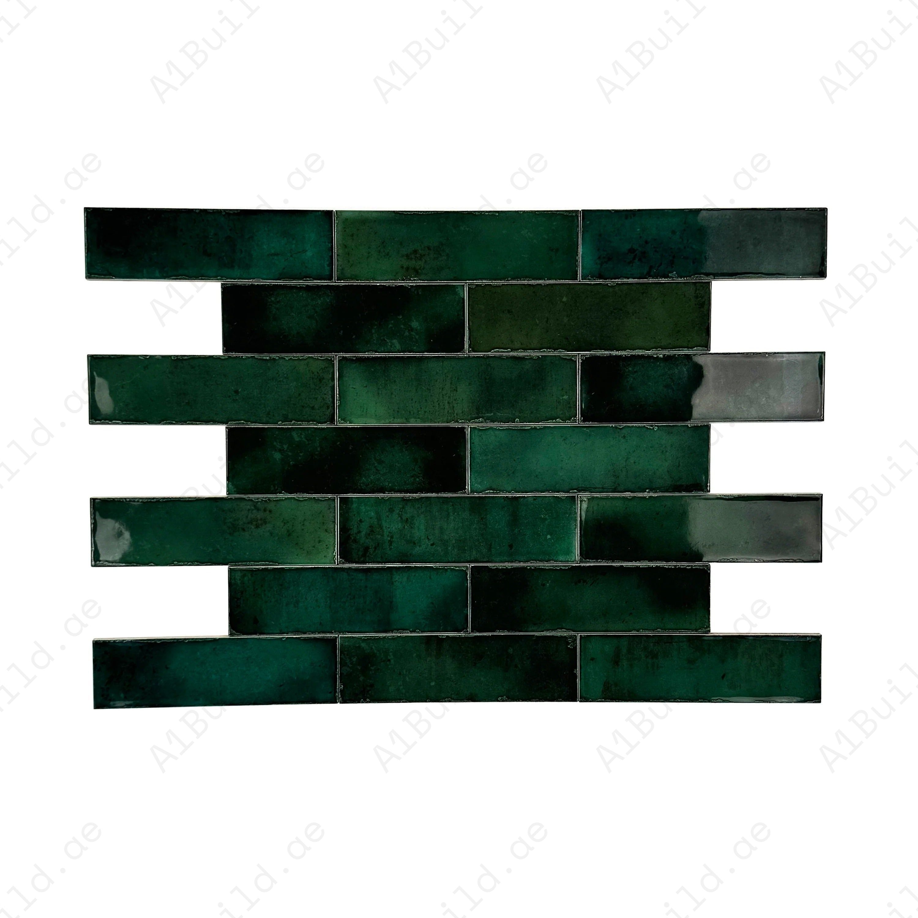 Green Glossy Glazed Ceramic Tiles – long-strip design, waterproof & scratch-resistant. Ideal for kitchens, bathrooms, backsplashes & modern interiors.